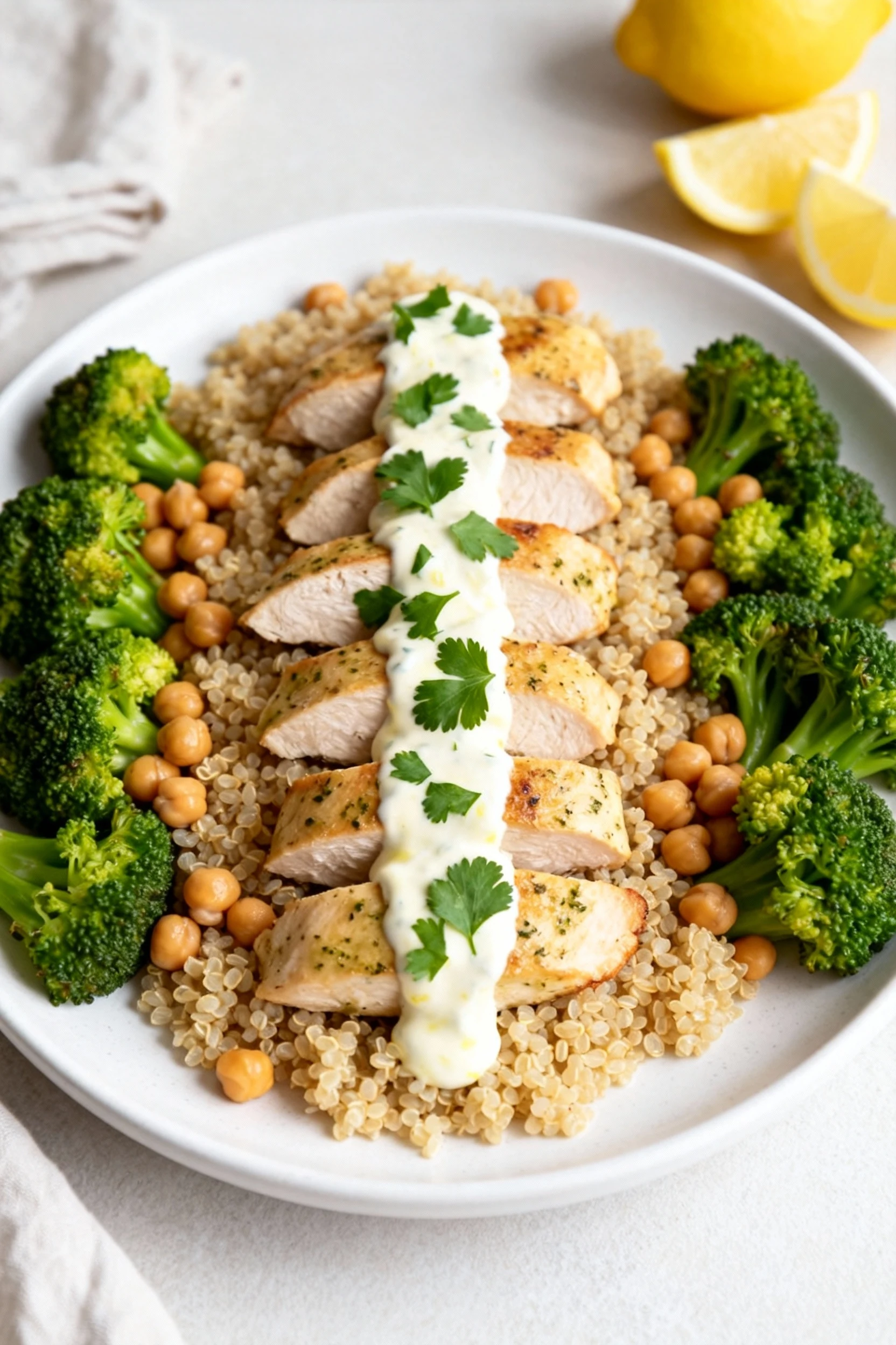3. Beautifully plated One-Pan Lemon-Garlic Chicken over fluffy quinoa: neat chicken rows, chickpeas and broccoli, yogurt