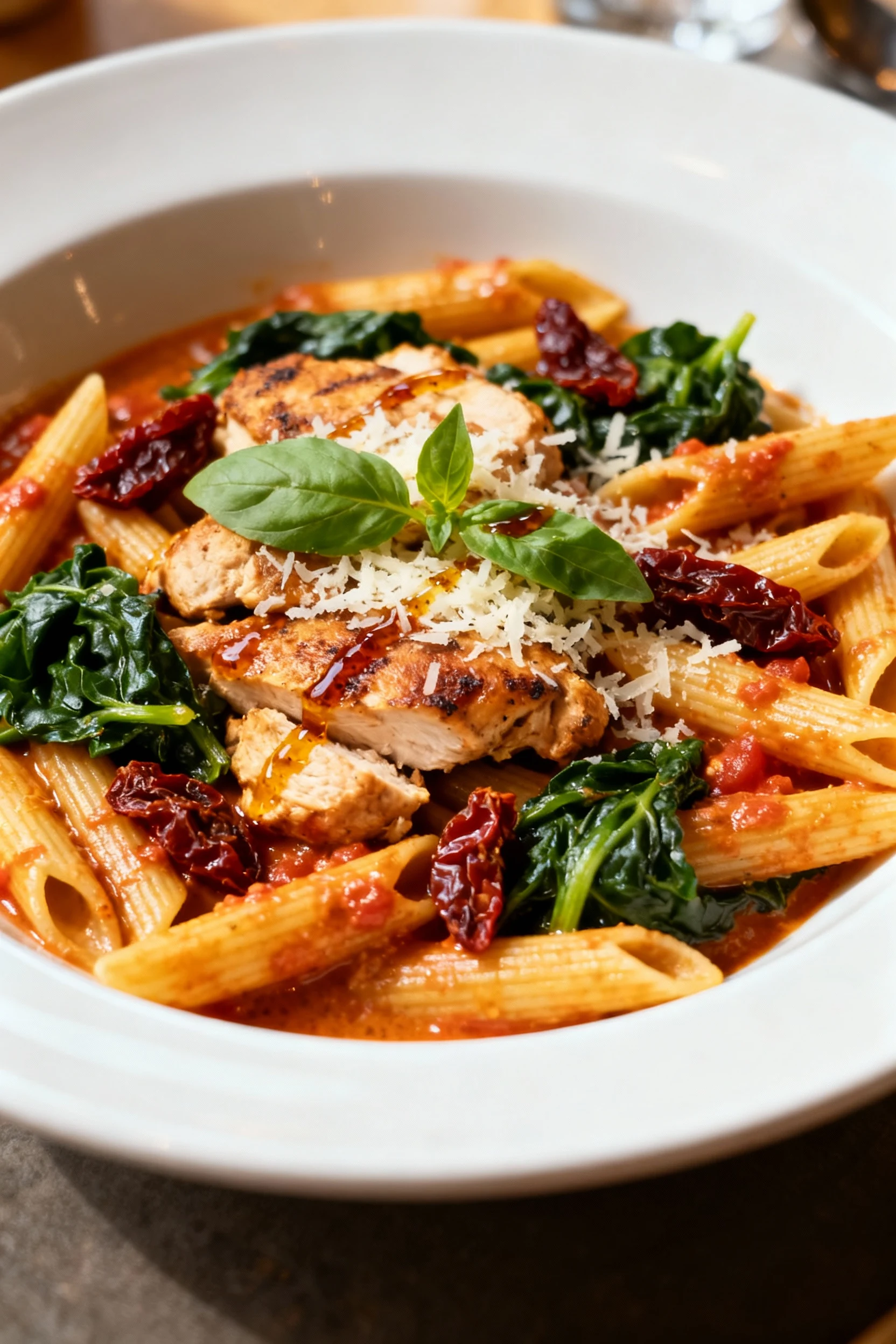 3. Beautifully plated Tuscan chicken pasta in a wide white bowl: glossy sauce clinging to penne, juicy chicken, sun-drie