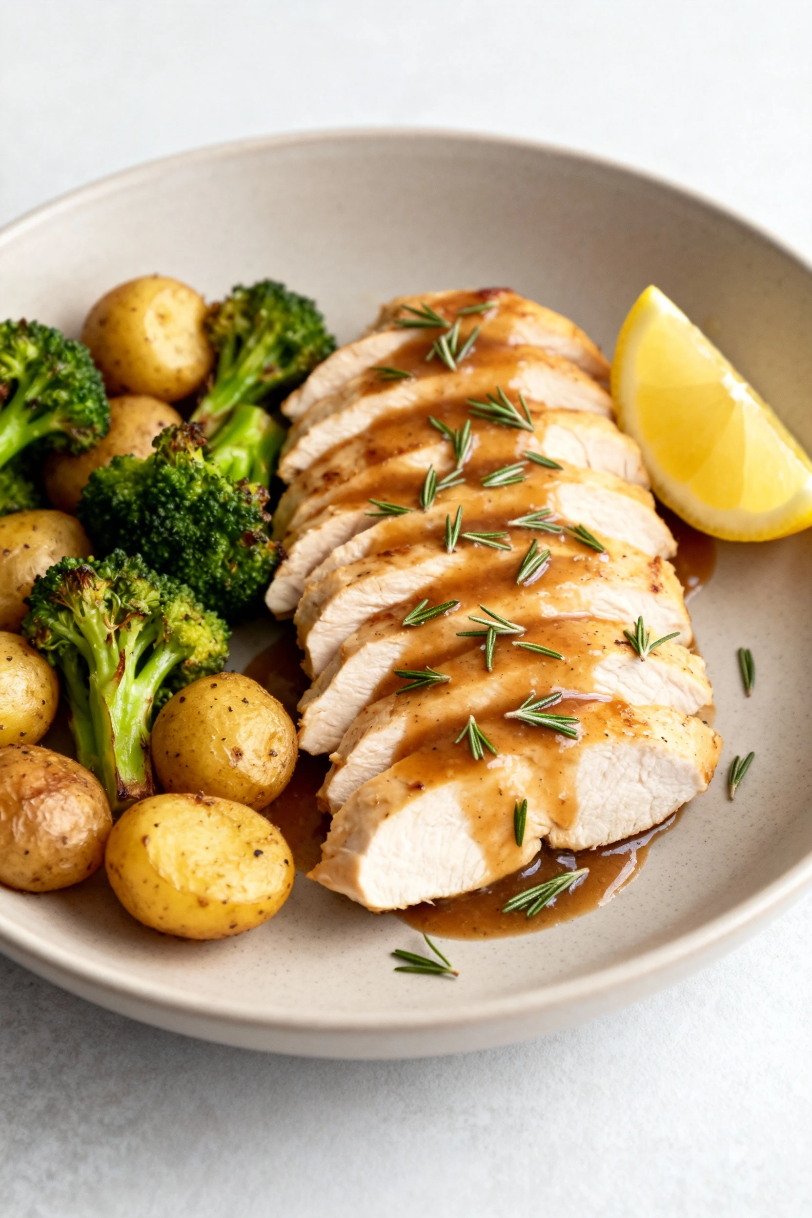3. Beautifully plated sliced chicken breast (against the grain) with quick pan sauce, thyme leaves, and a lemon wedge ga