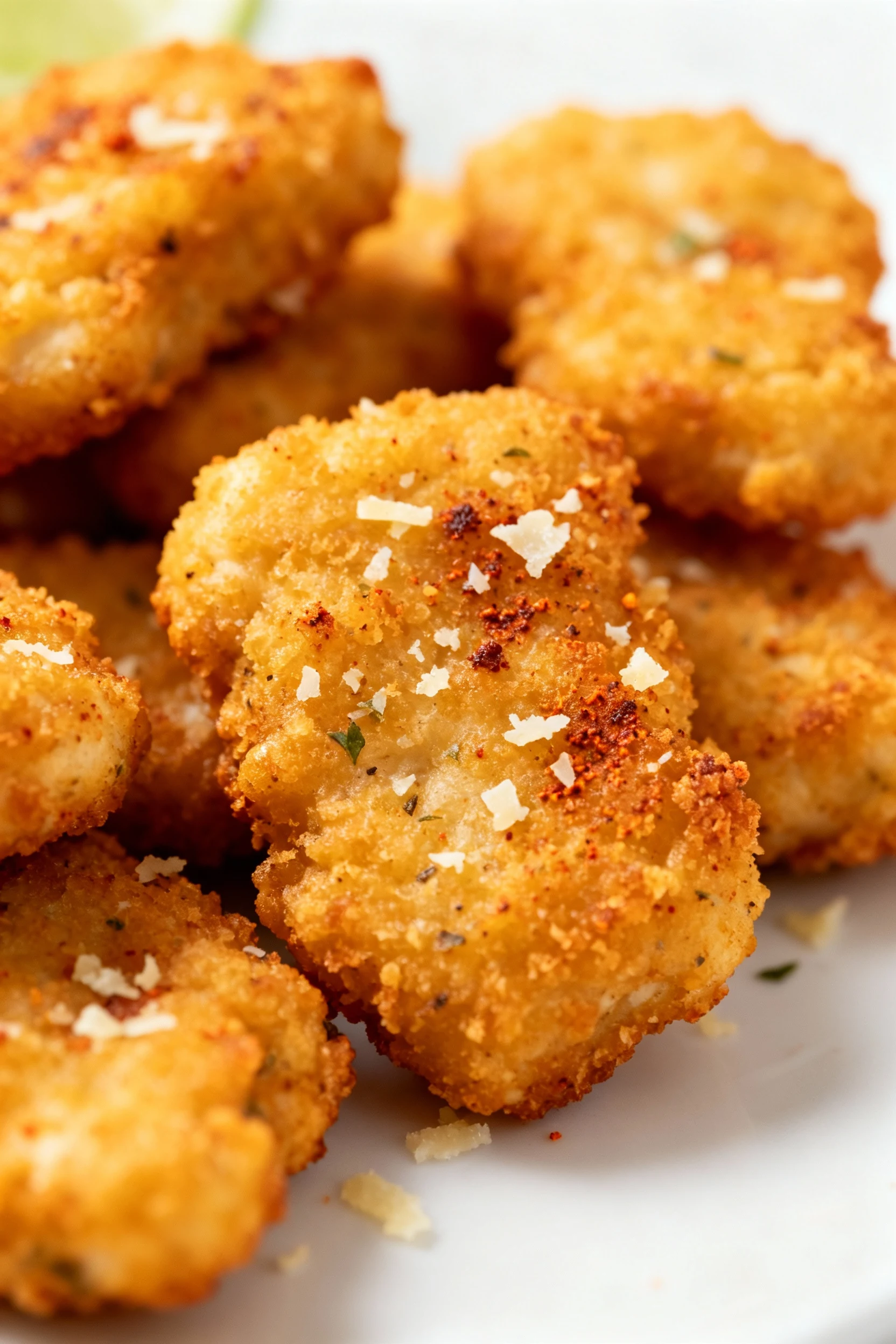 Close-up of golden-brown, crispy chicken nuggets fresh out of the oven, flecks of Parmesan and smoked paprika visible on