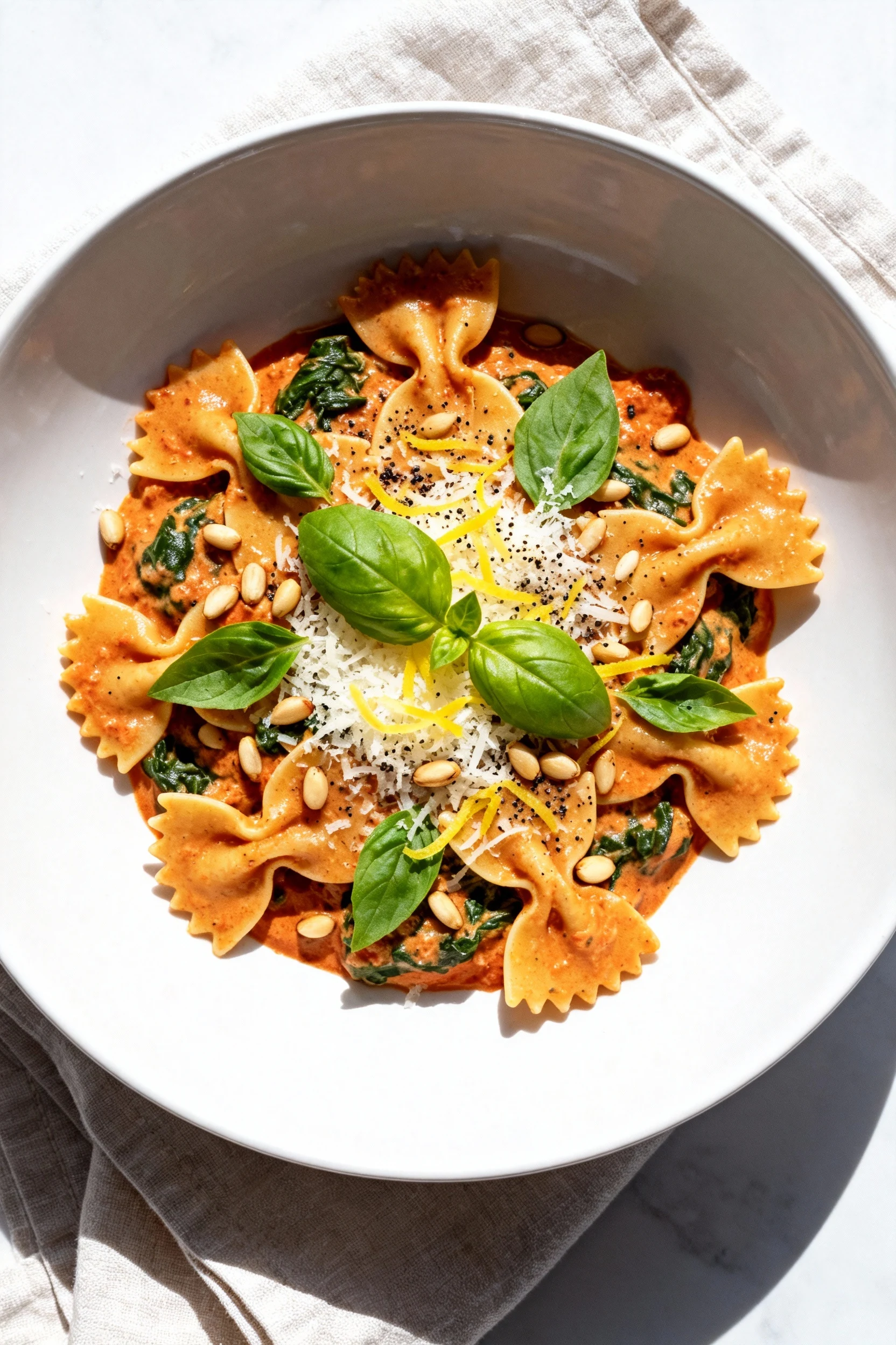 Final dish, overhead: farfalle coated in velvety creamy tomato–spinach sauce, topped with torn basil, finely grated Parm