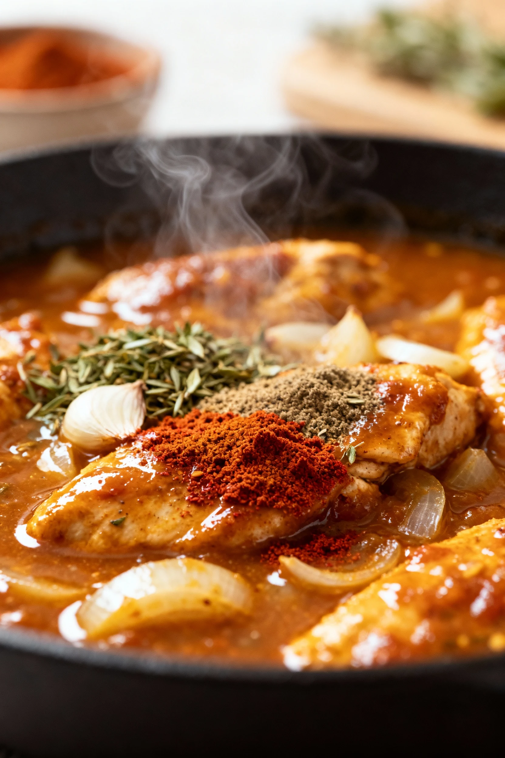 Cooking process in one pan: bloomed chili powder, cumin, smoked paprika, and oregano clinging to protein with onions and