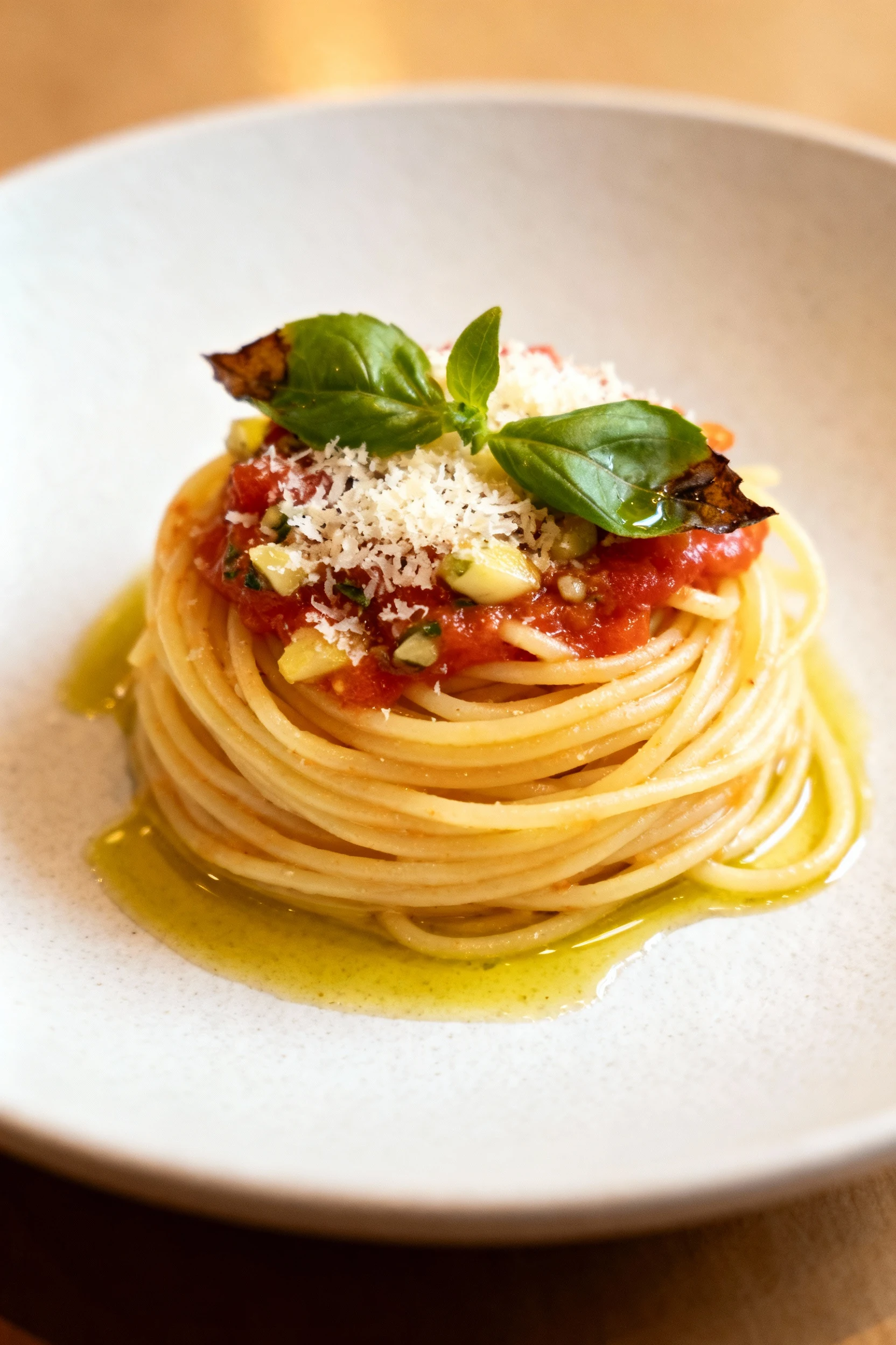 Final dish: beautifully plated angel hair with lemon–garlic–tomato sauce, twirled into a neat nest, shower of finely gra
