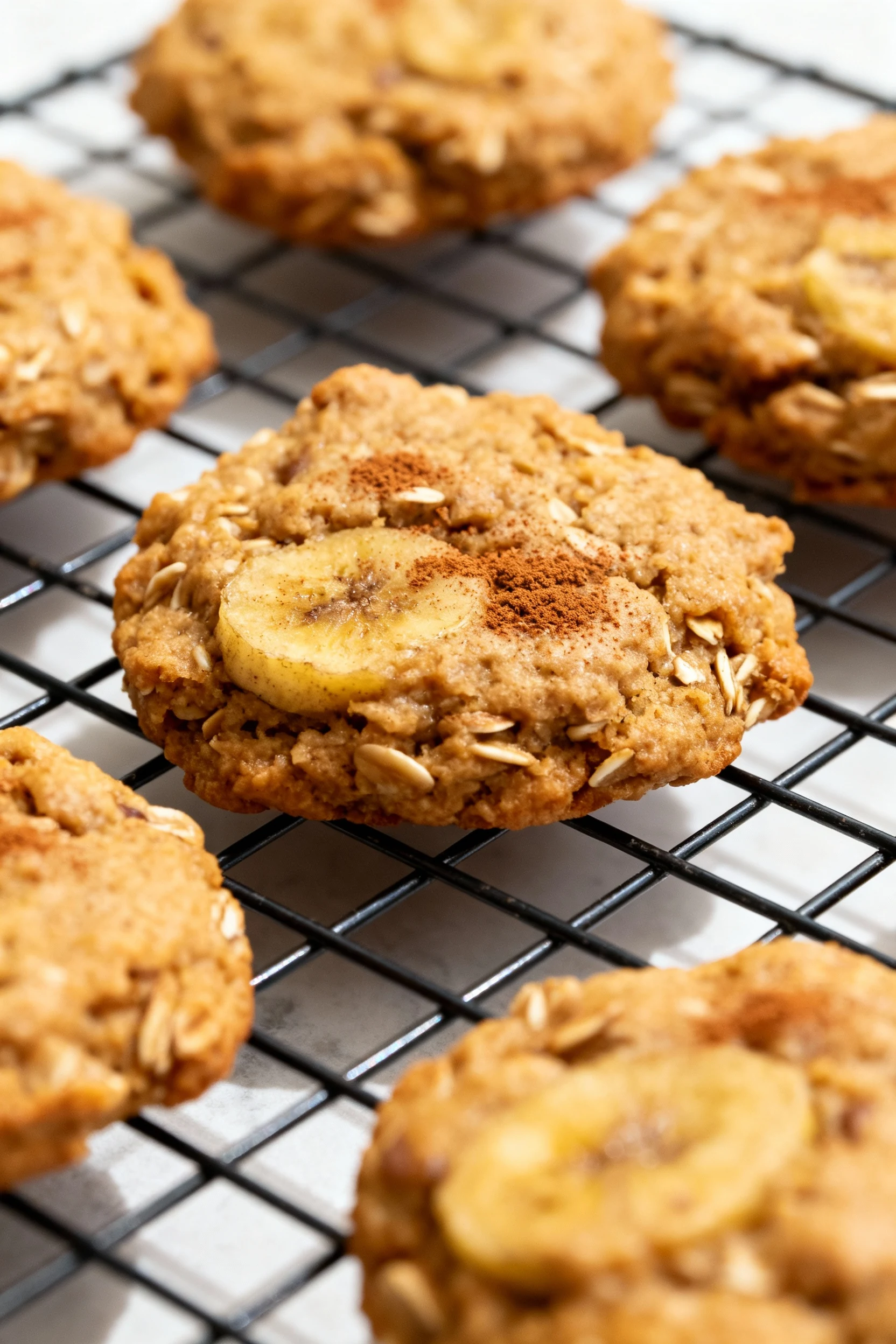 Close-up of golden-brown baked banana oat cookies cooling on a wire rack, cinnamon specks visible on surface, soft chewy