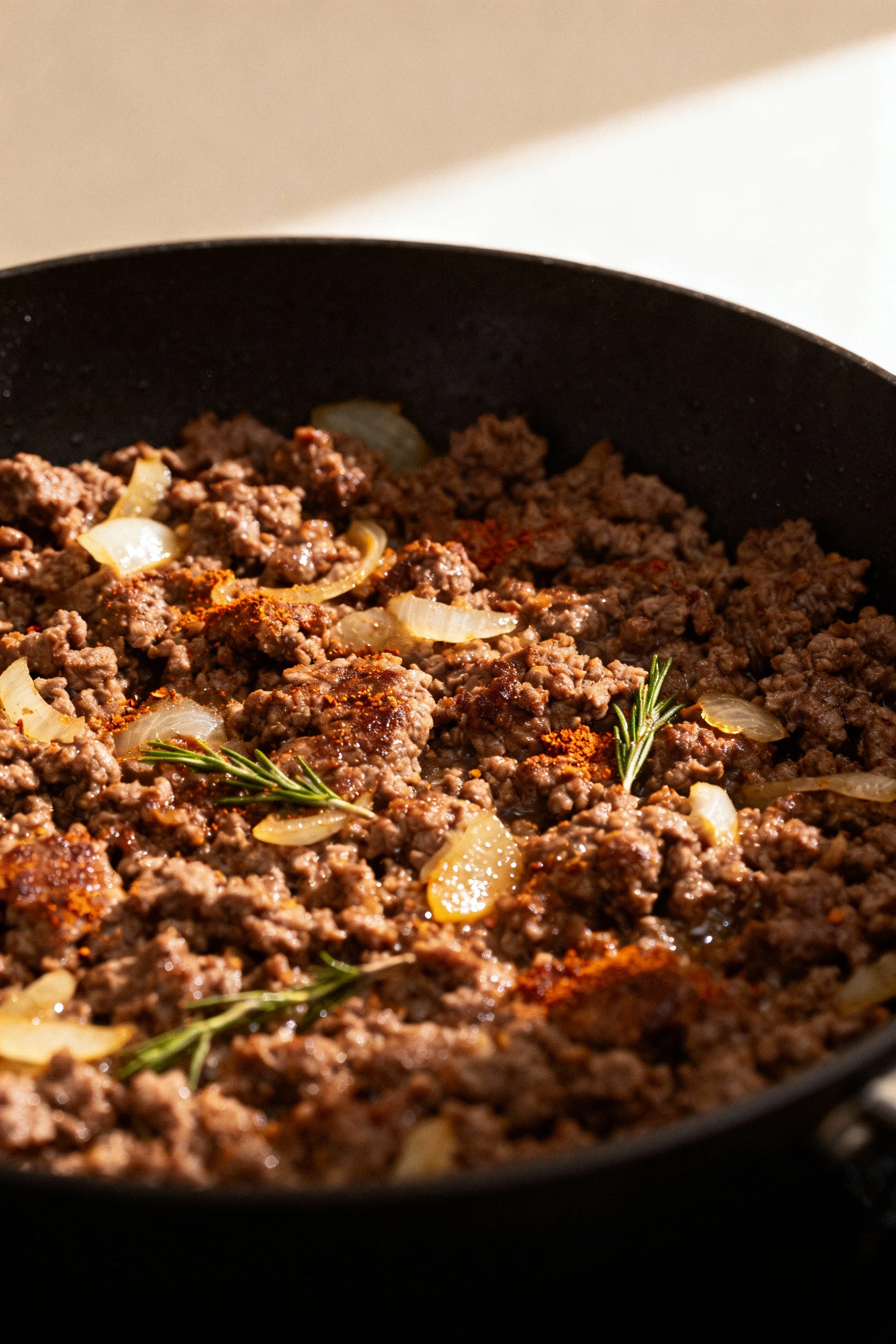 Close-up of sizzling ground venison in a skillet, richly browned with visible bits of translucent onion and flecks of sm