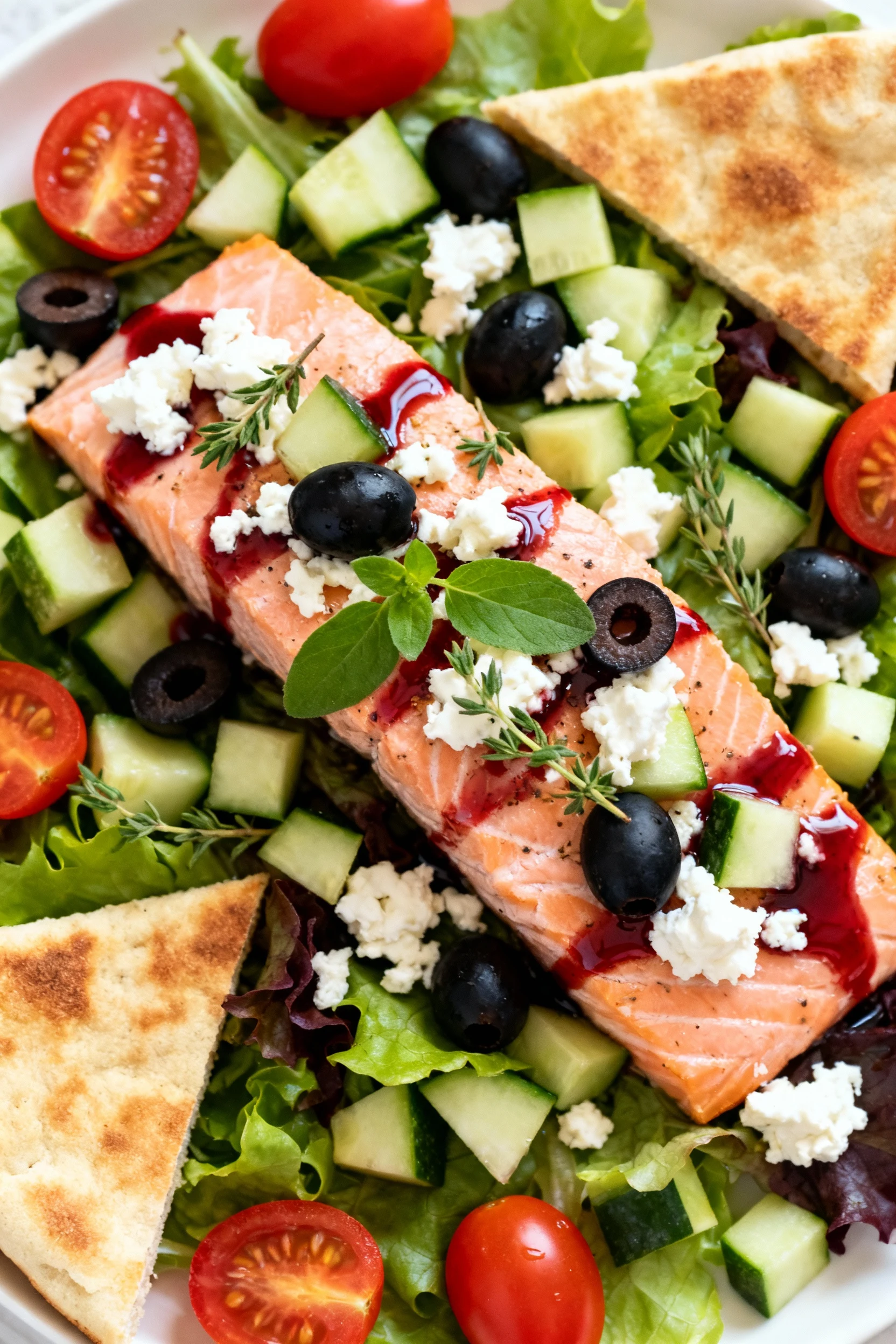3. Overhead shot of Mediterranean lemon-herb salmon salad: tender pink salmon with feta crumbles, chopped olives, cucumb
