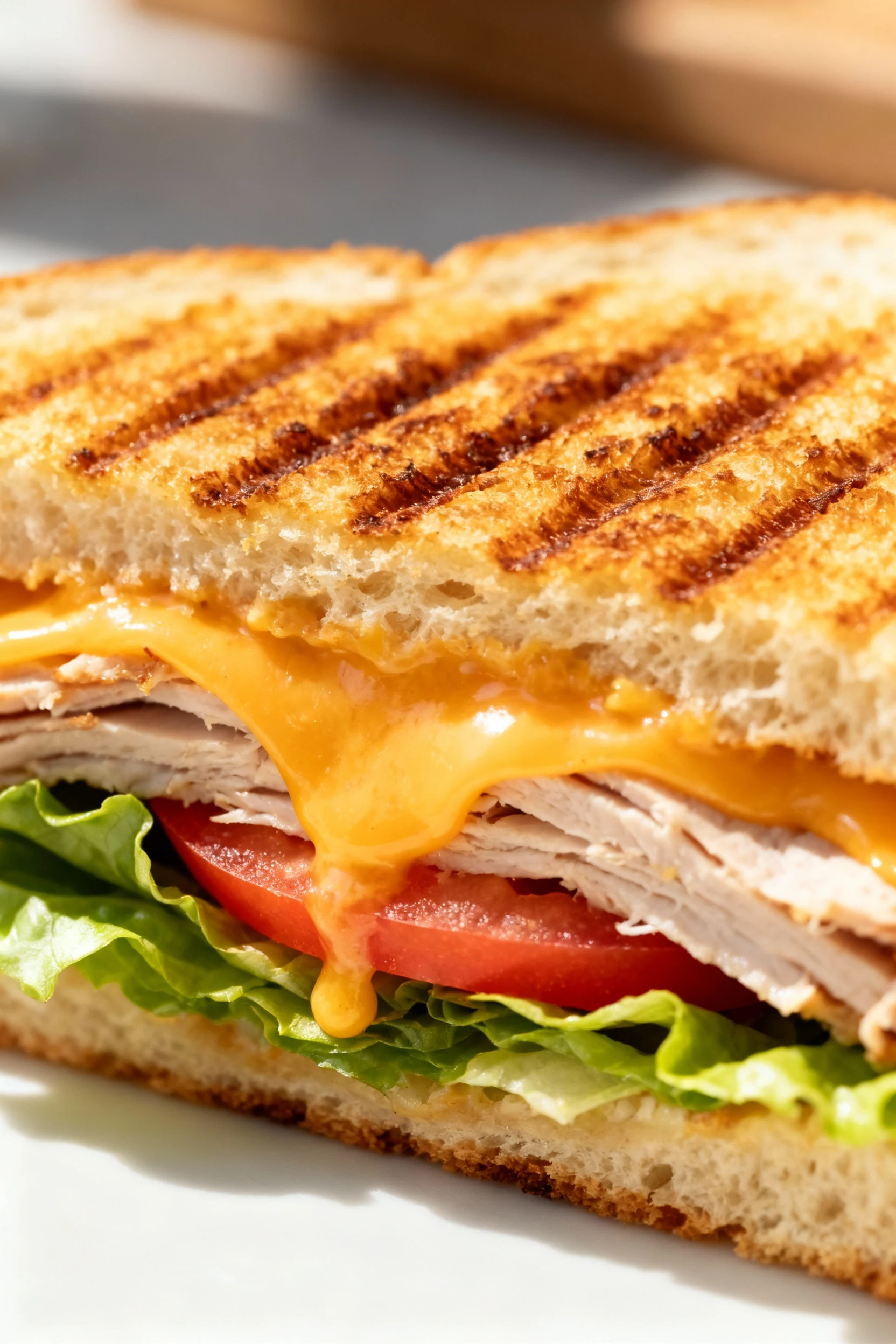 Close-up of a freshly pressed turkey and cheddar sandwich, golden toasted bread with visible grill marks, melted cheese 
