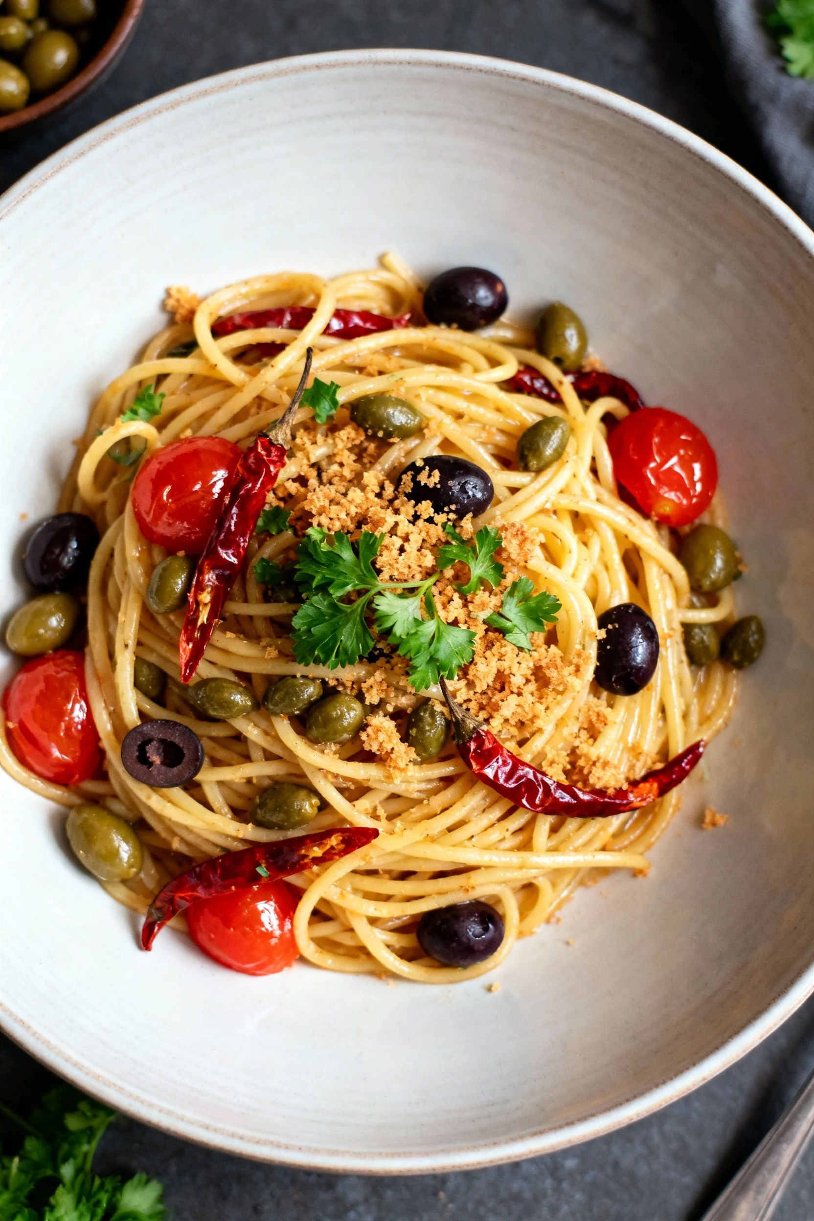3. Overhead shot of sardine puttanesca spaghetti showing glistening noodles tossed with capers, olives, chili, and tomat