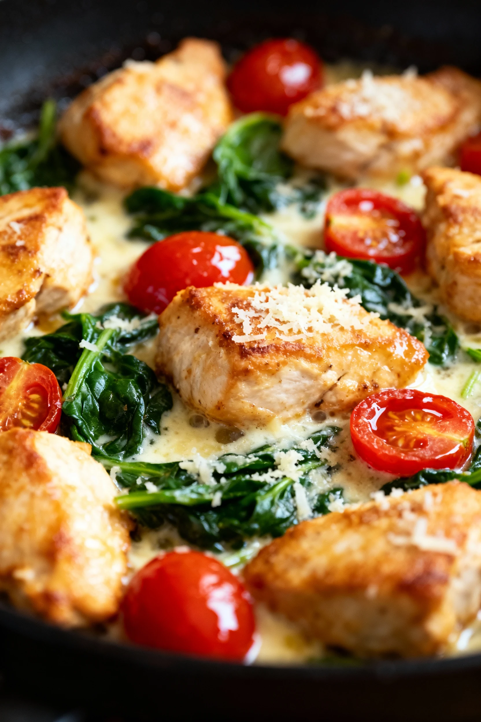 Close-up of golden-brown chicken bites sizzling in a skillet with softened cherry tomatoes releasing vibrant red juices,