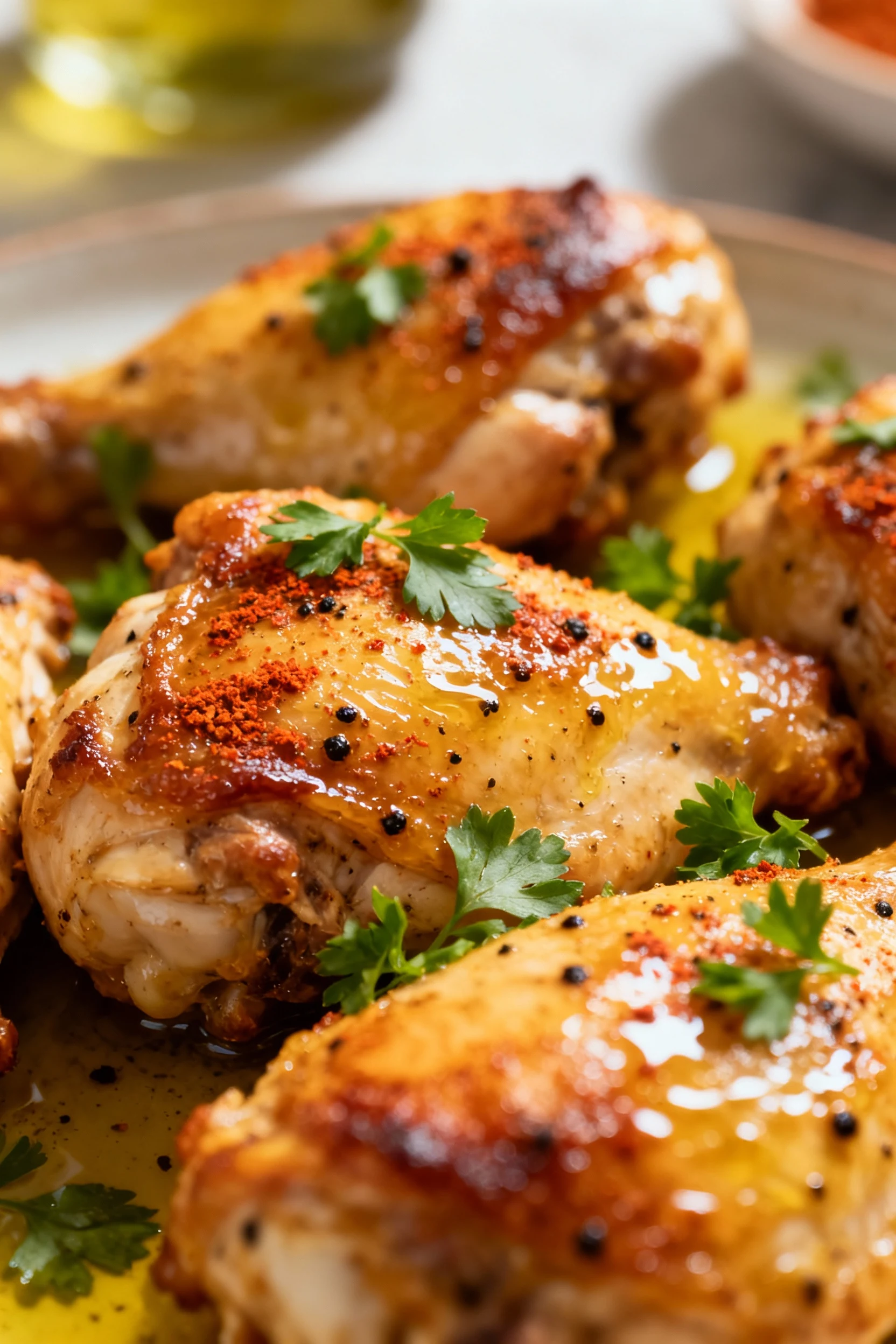 Close-up of golden-brown baked chicken thighs with crispy edges and glistening surface from olive oil glaze, speckled wi