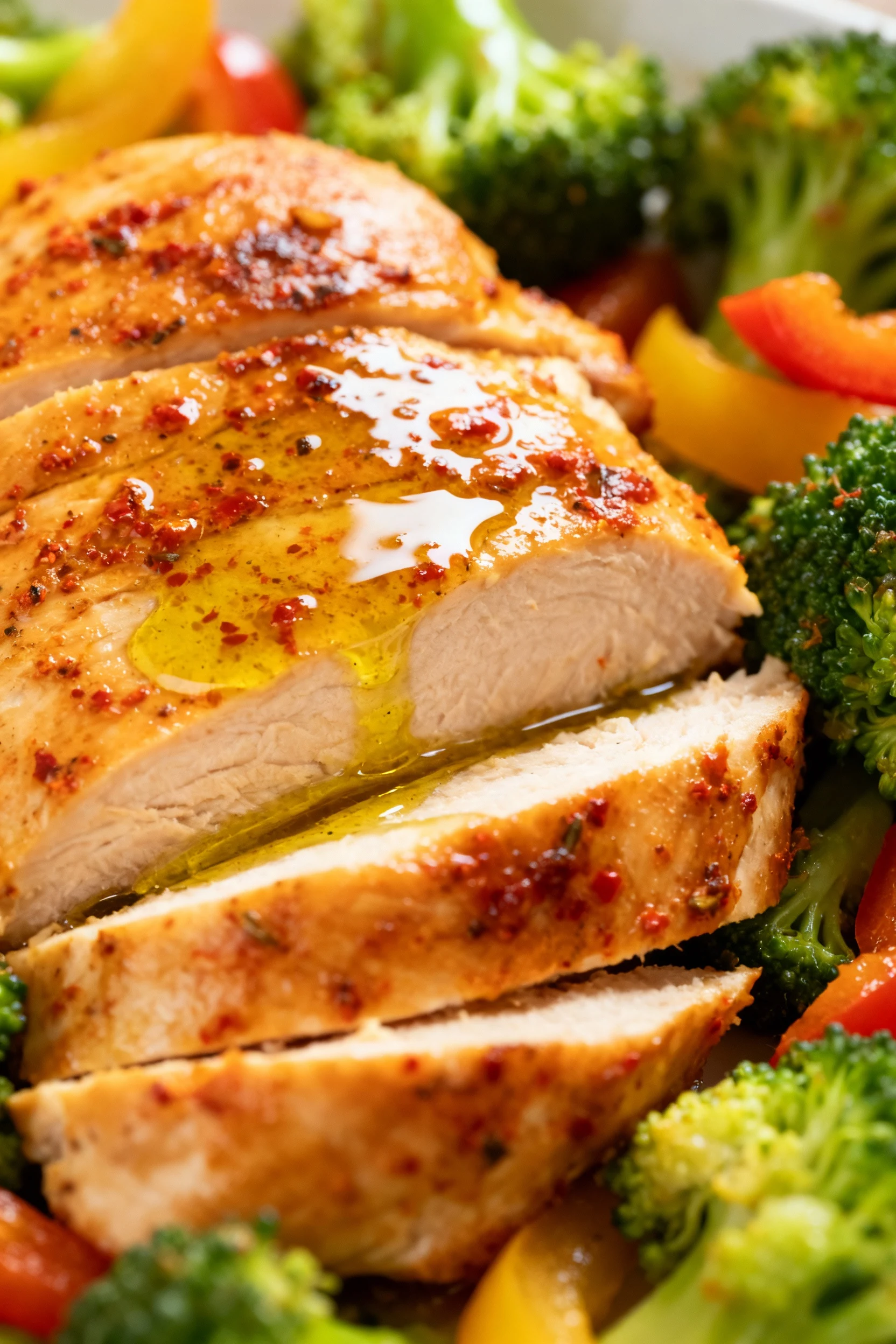 Close-up of golden-brown paprika-seasoned chicken breast, glistening with olive oil, sliced to reveal juicy texture, sur