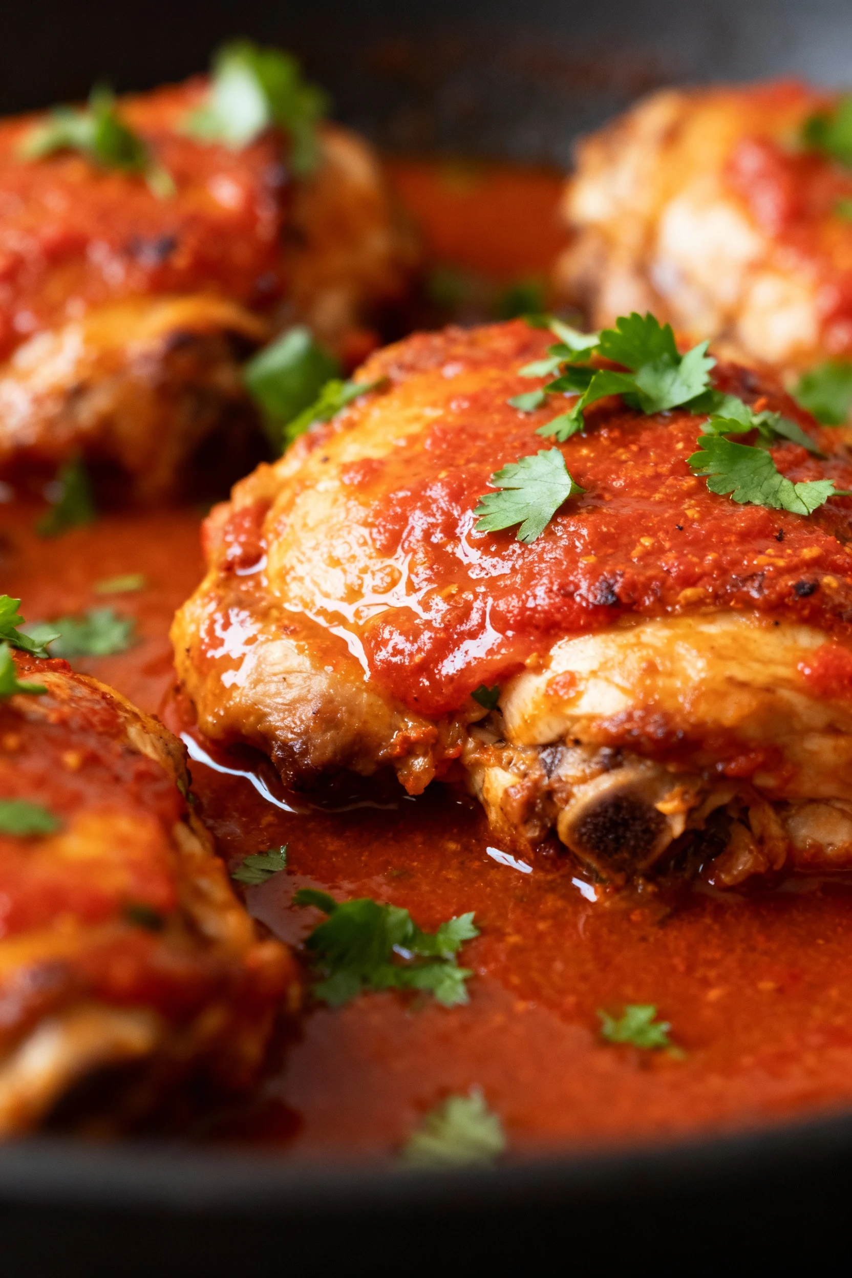 Close-up shot of tender, slow-cooked chicken thighs coated in rich tomato-paprika sauce, glistening with natural juices,