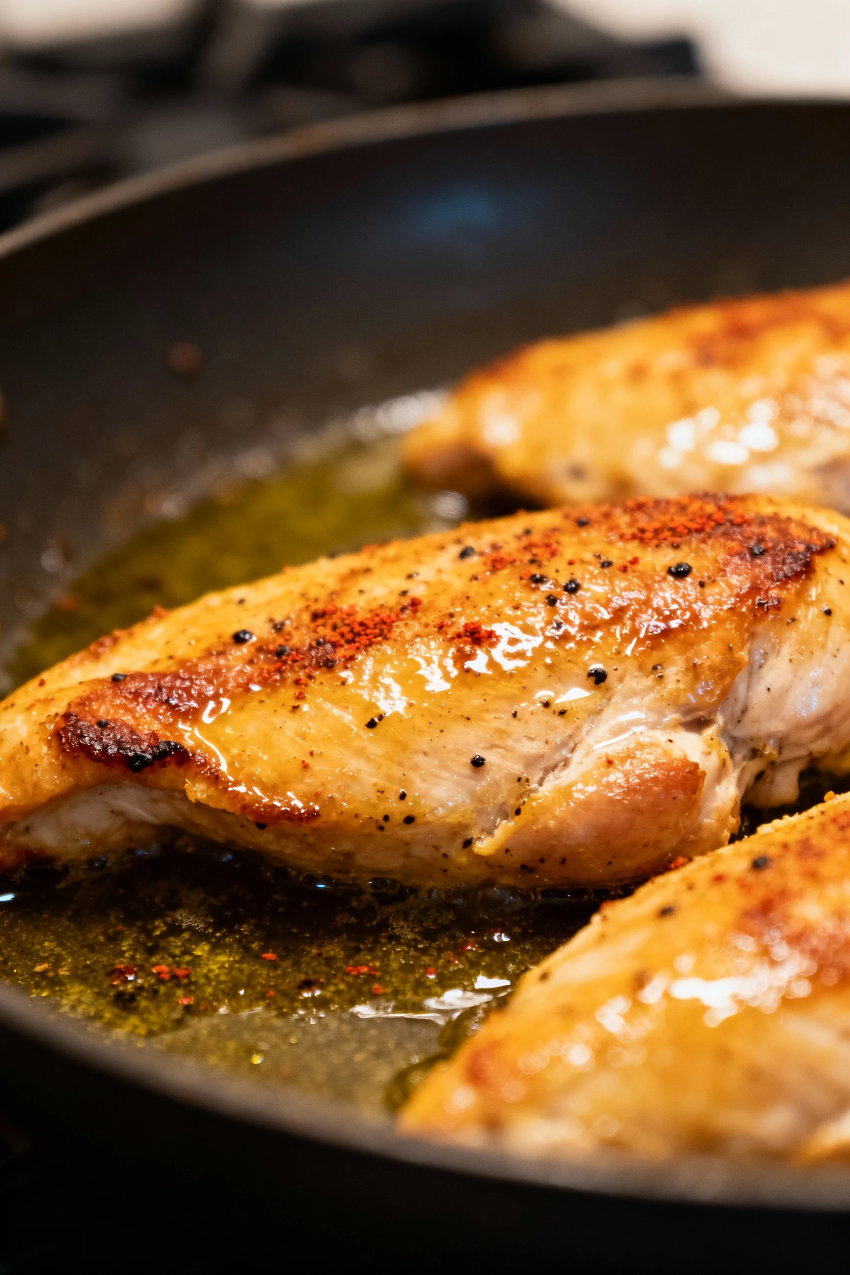 Close-up of golden-seared chicken breasts in a skillet, surface glistening with olive oil, specks of paprika and black p