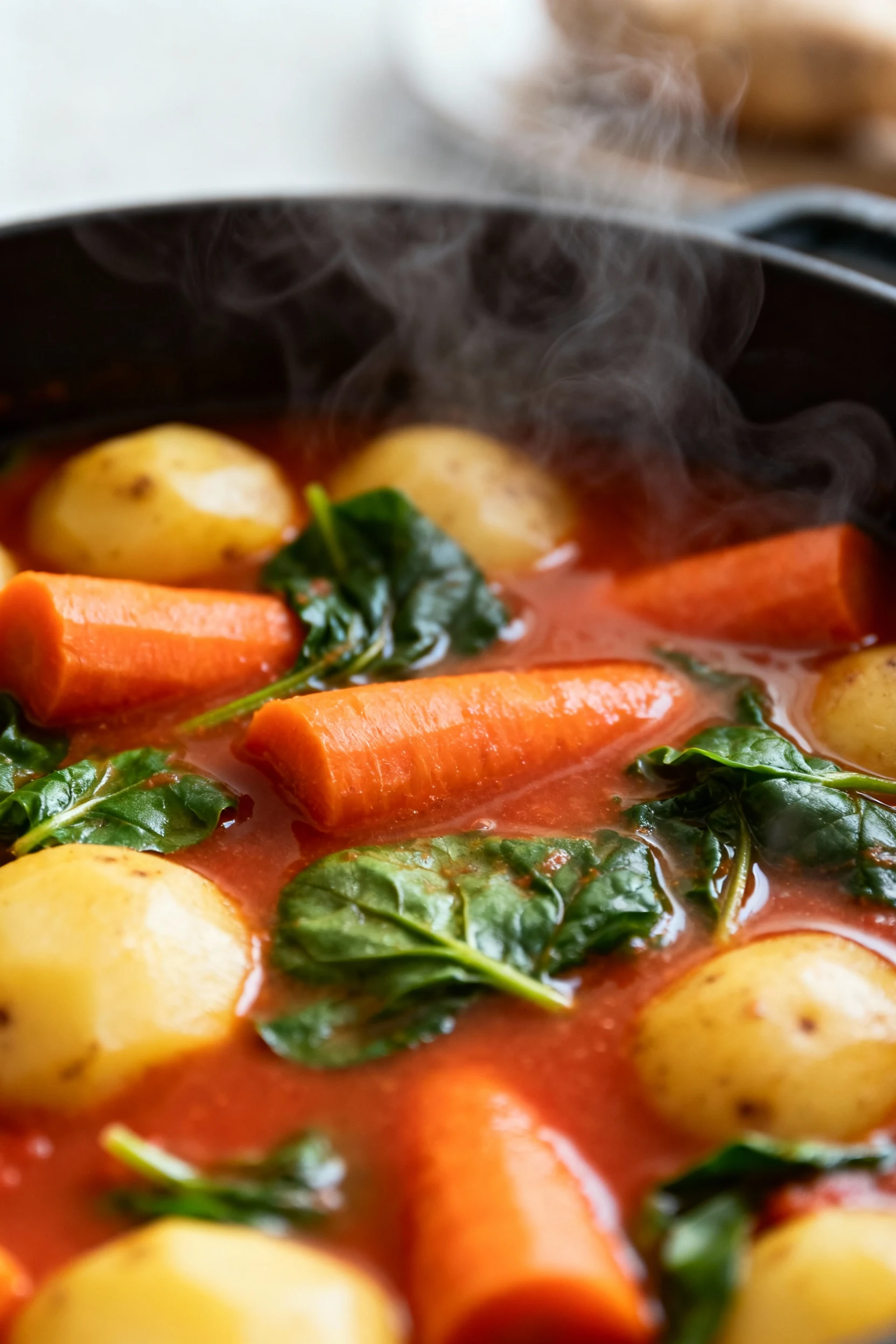 Close-up of simmering vegetable soup in a large pot, showcasing vibrant orange carrots, golden potatoes, and tender gree