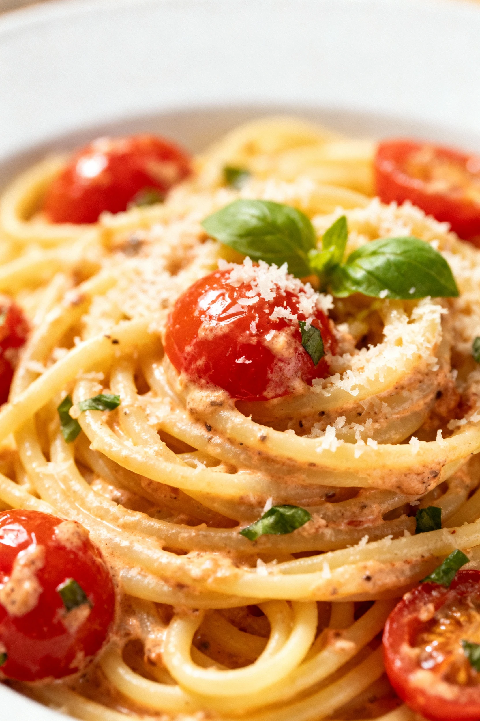 Close-up of spaghetti coated in creamy Parmesan sauce with burst cherry tomatoes and flecks of fresh basil, shallow dept