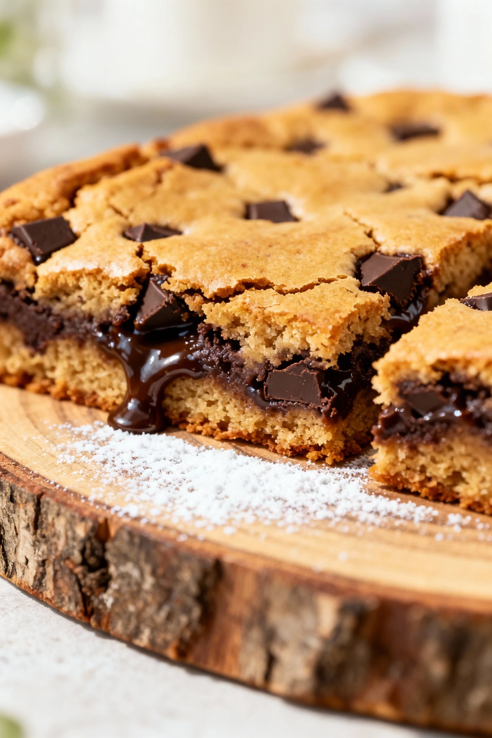 Close-up of freshly baked golden-brown brownies with molten dark chocolate chunks peeking through the surface, rich text