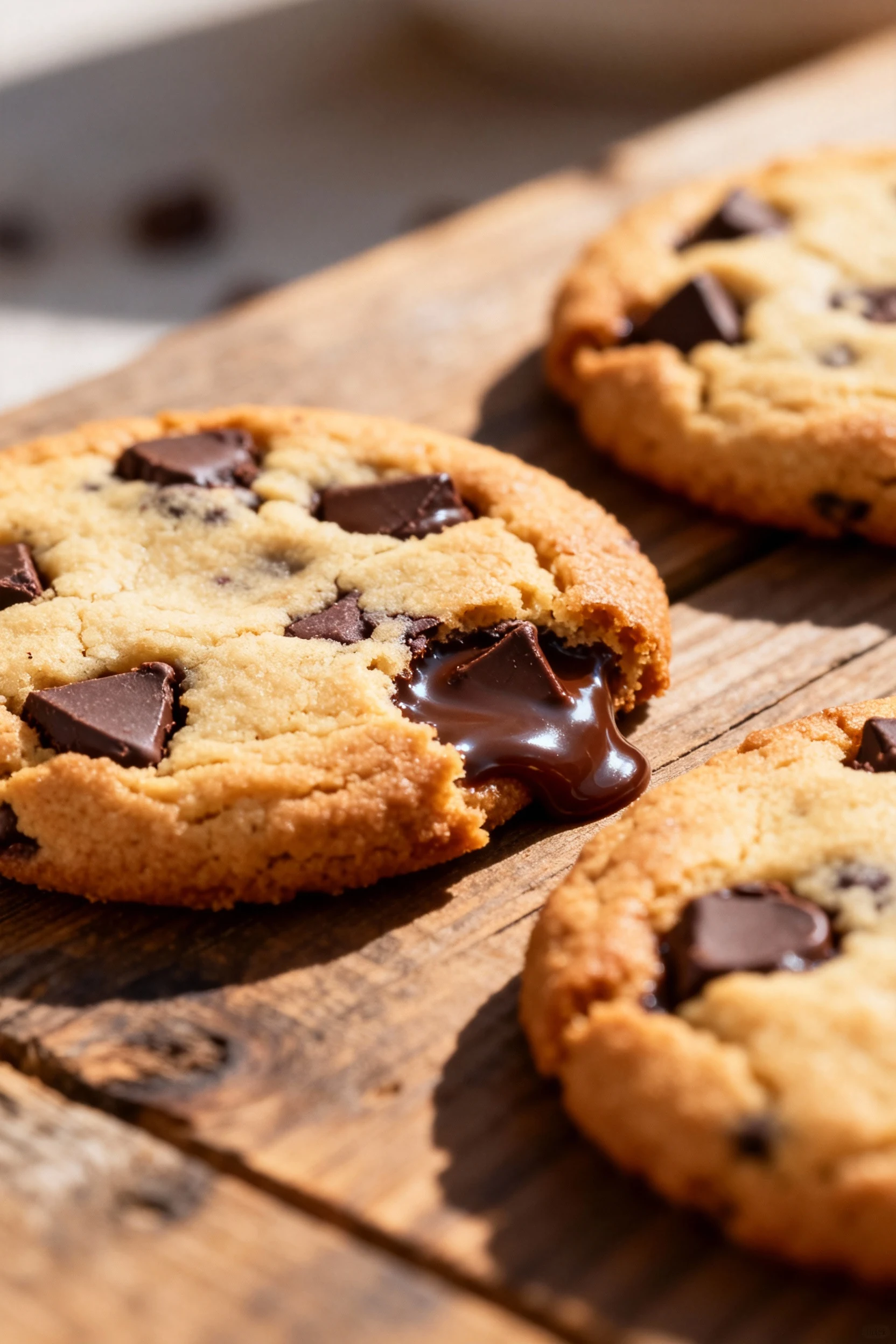 Close-up of freshly baked chocolate chip cookies with golden-brown edges and gooey semi-sweet chocolate pockets, shallow