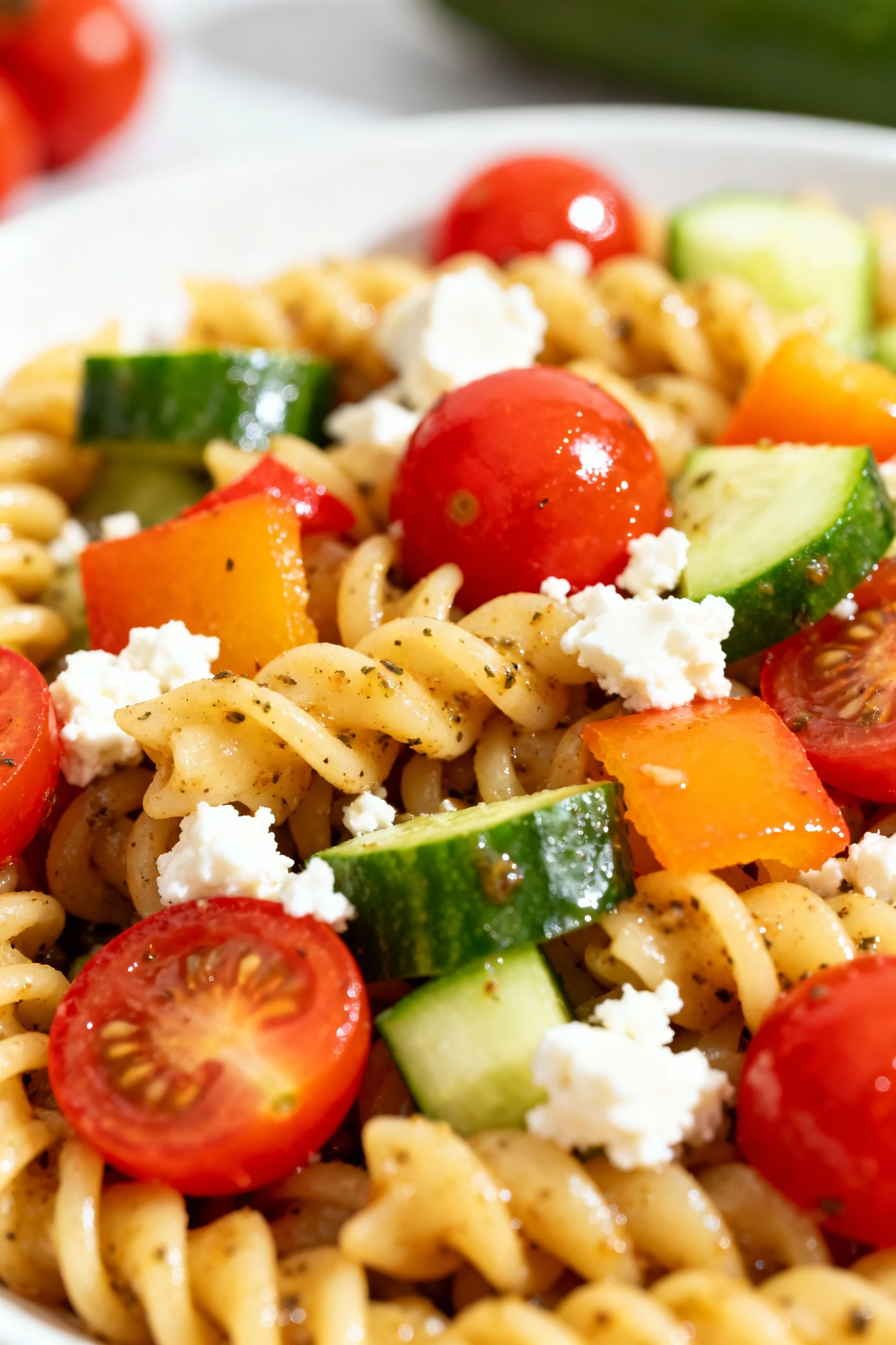 Close-up of al dente rotini coated in Italian dressing, with vibrant diced bell peppers, cherry tomatoes, cucumbers, and