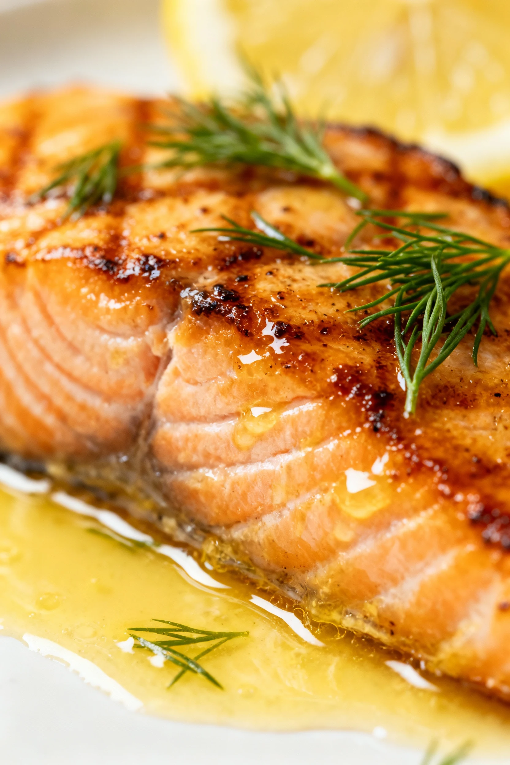 Close-up of golden seared salmon fillet with crisp skin and visible flaky texture, glistening with buttery lemon glaze a