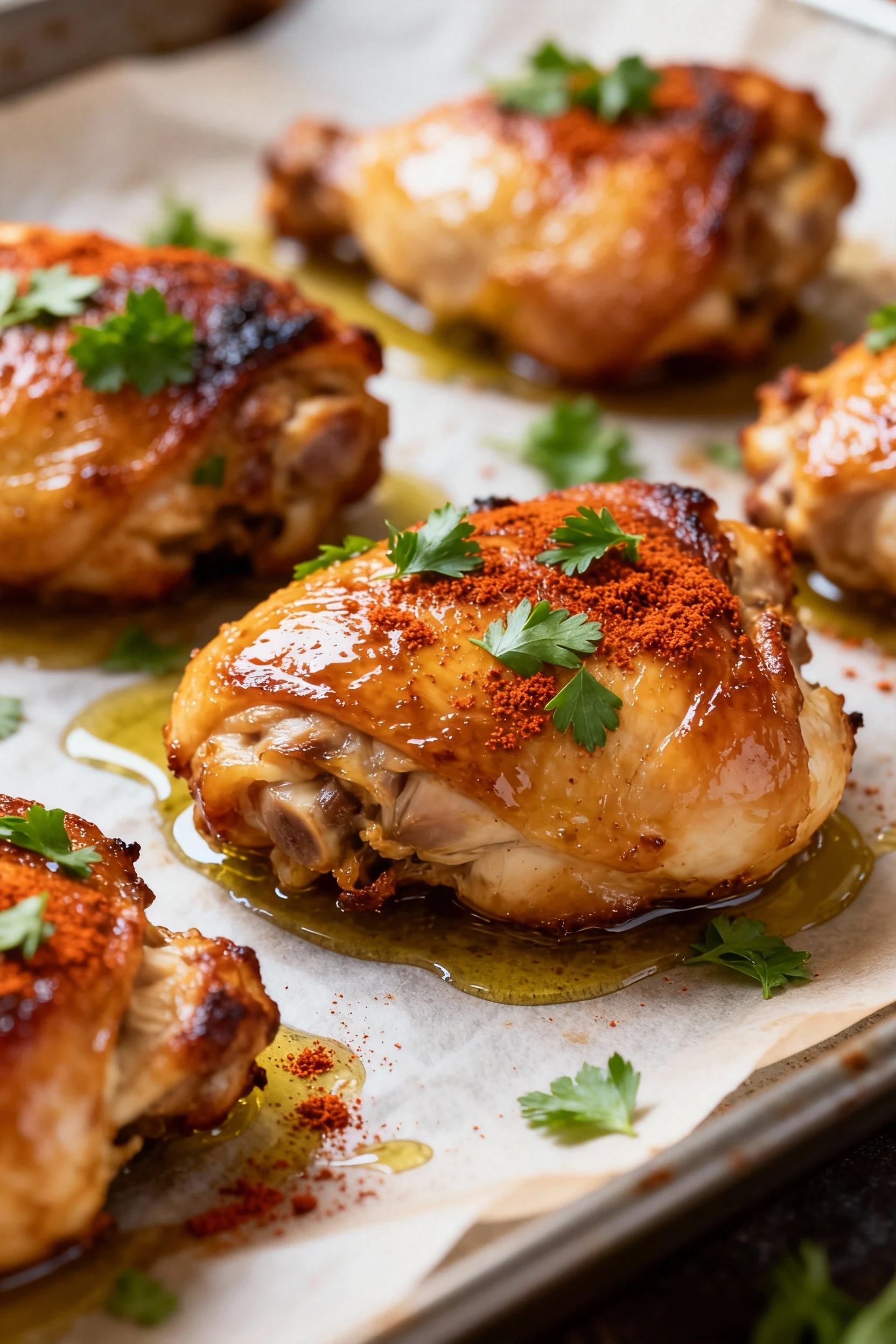Close-up of golden-brown, crispy-skinned roasted chicken thighs fresh from the oven, glistening with olive oil and sprin