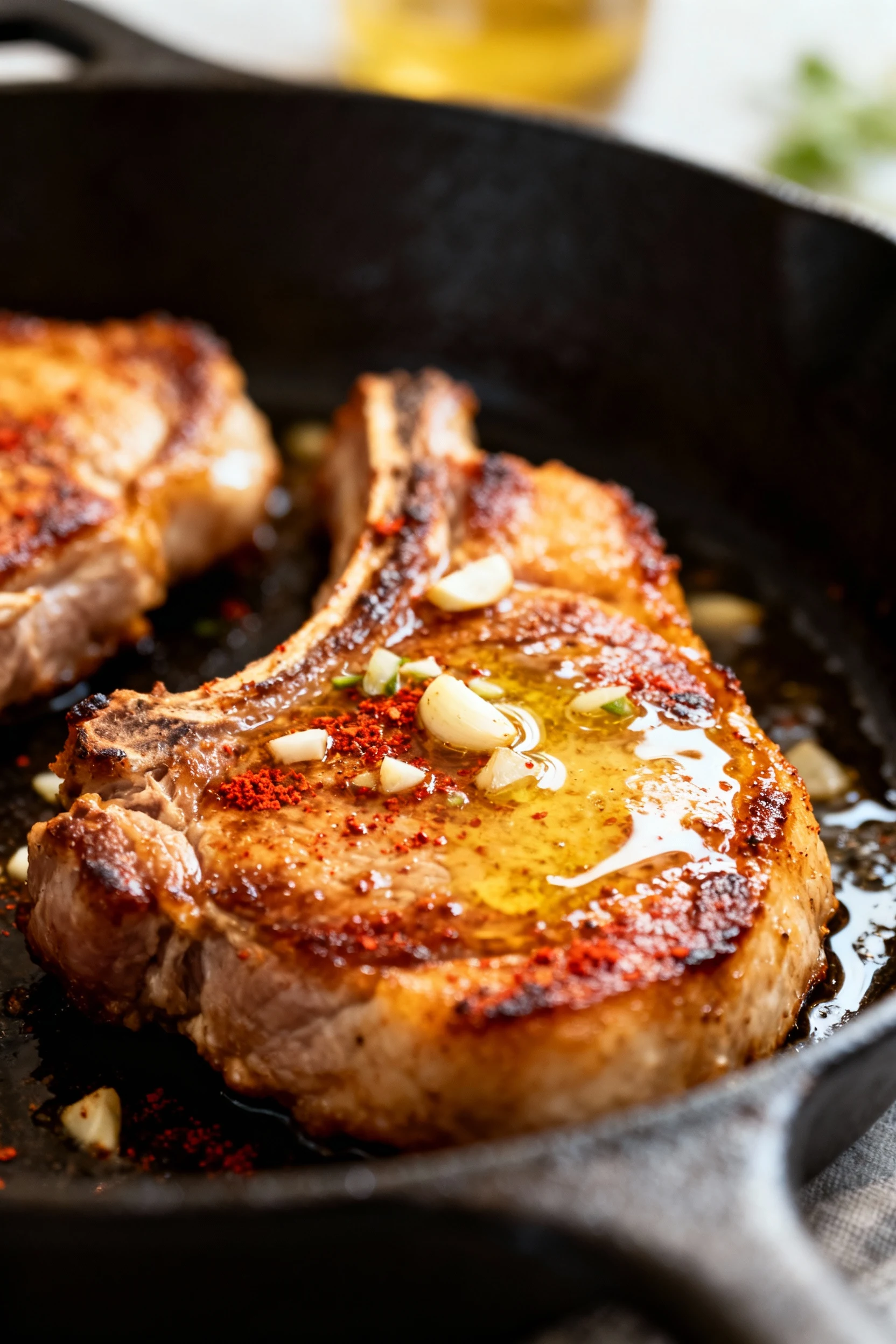 Close-up of golden-brown seared pork chop in a cast iron skillet, glistening with melted butter and minced garlic, crisp