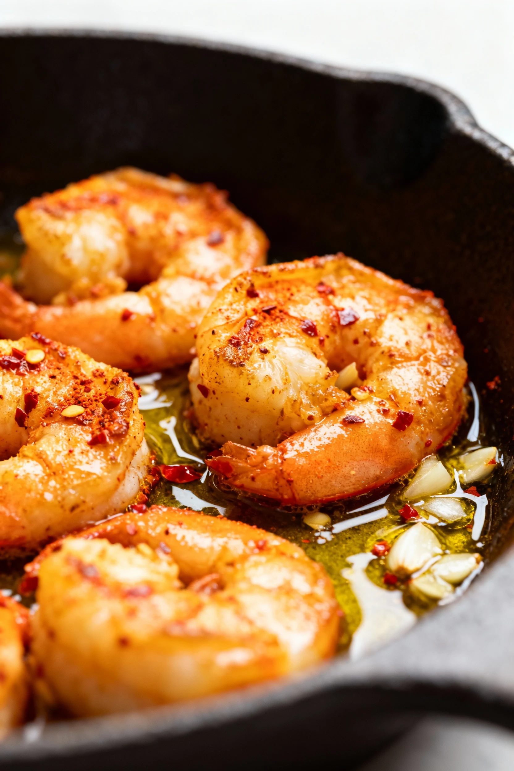 Close-up of golden-seared shrimp in a skillet, coated with paprika and flecks of chili flakes, glistening in olive oil w