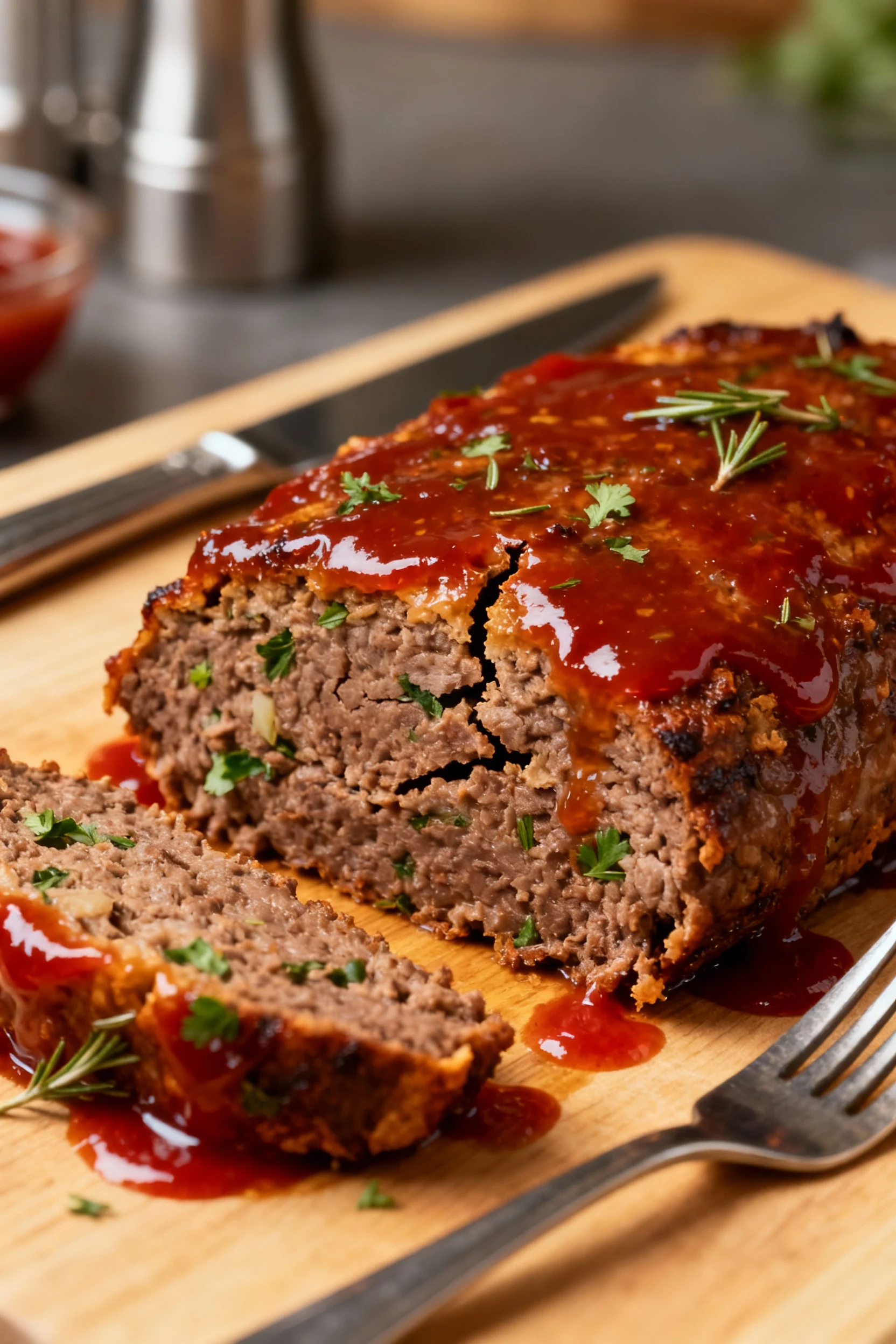 Close-up of freshly baked meatloaf just out of the oven, rich brown crust glistening under a tangy ketchup glaze, shallo