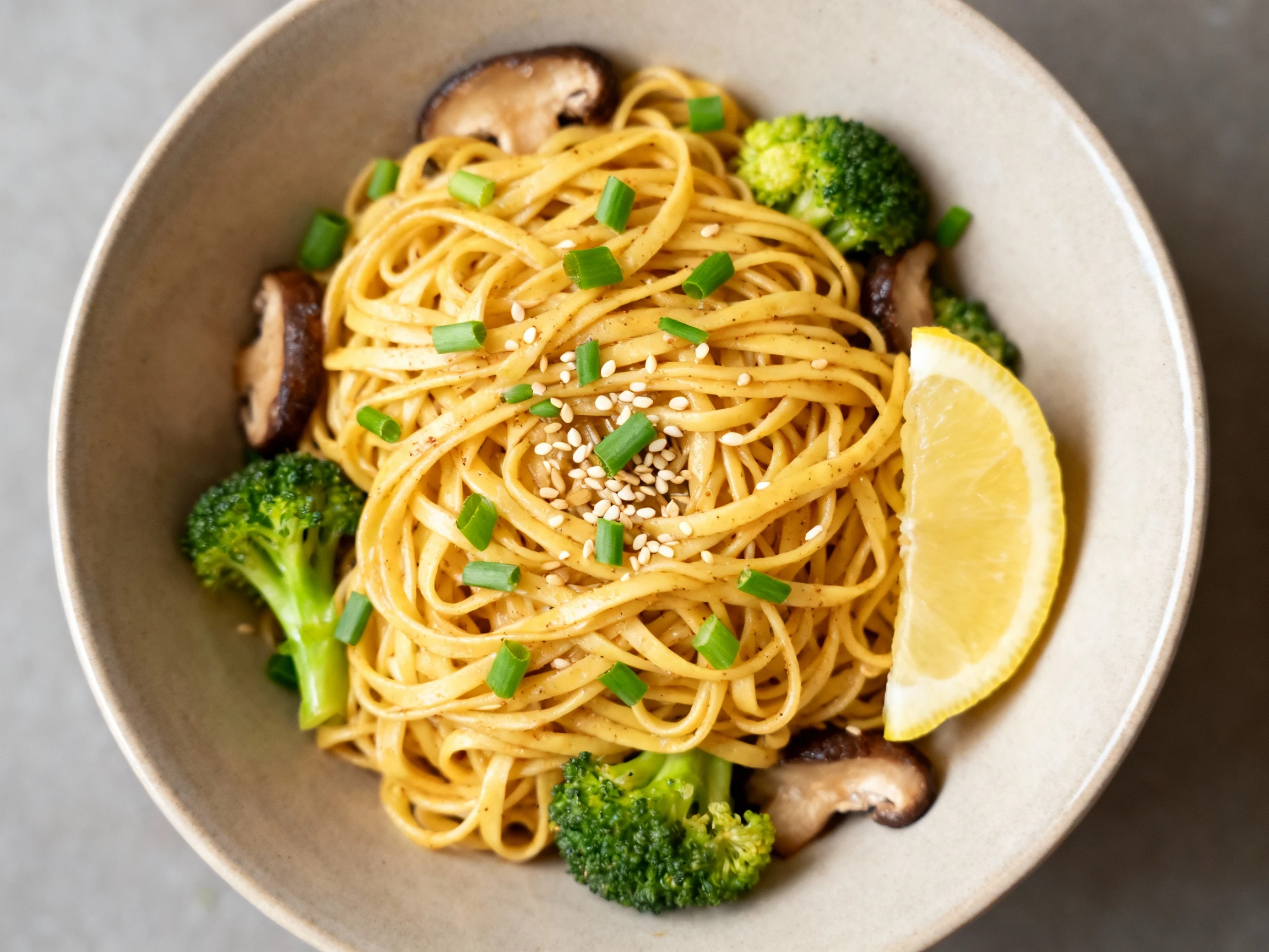 Food photography, Overhead shot of final egg noodle bowl showing evenly coated strands, scattered scallion greens, sesam