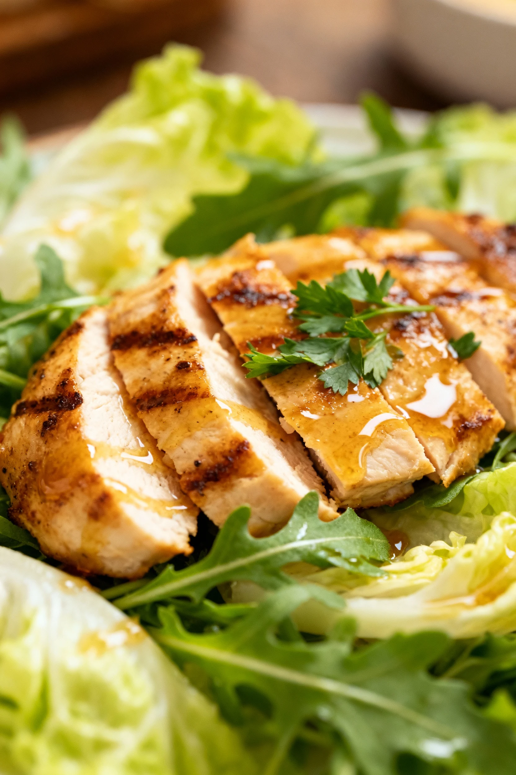 Close-up detail of grilled chicken slices nestled among crisp romaine and arugula, glistening with a light balsamic-hone