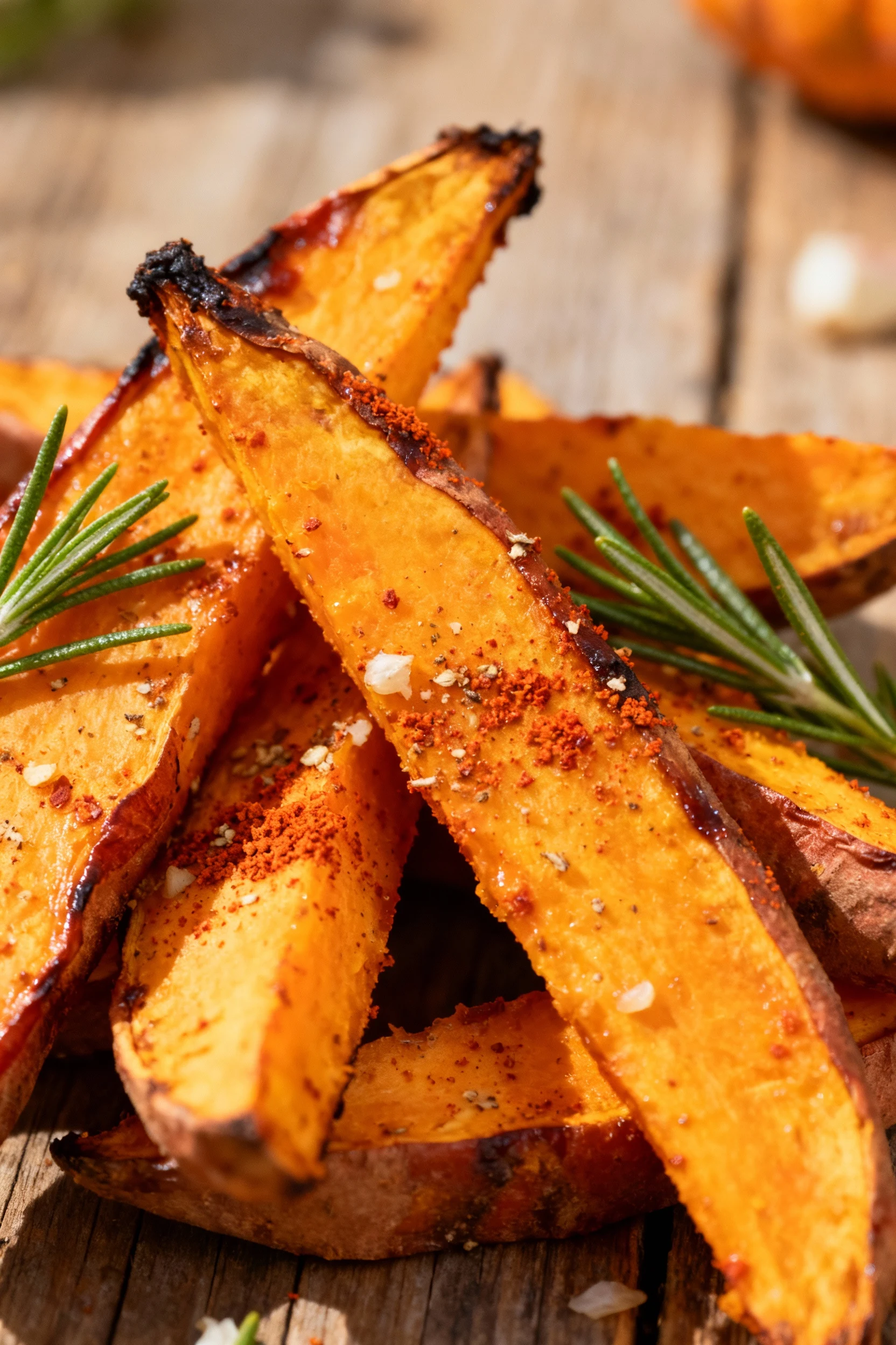 Close-up of roasted sweet potato wedges with caramelized edges, dusted with paprika and garlic powder, garnished with fr