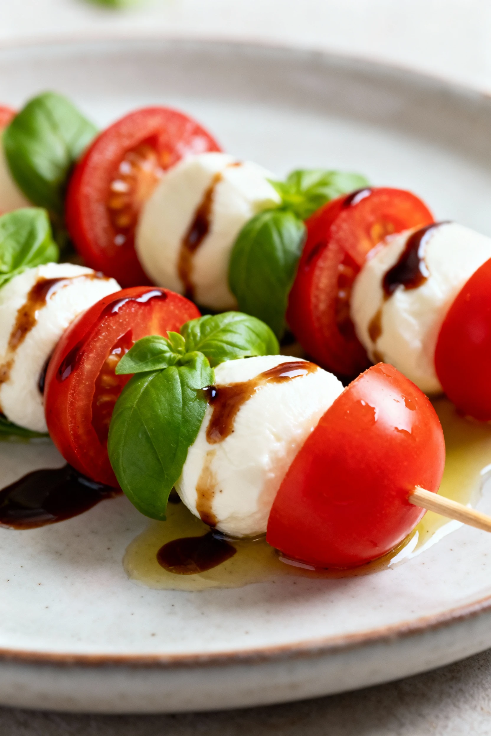 1. Close-up of assembled Caprese-style skewers with halved cherry tomatoes, fresh basil leaves, and creamy mozzarella ba