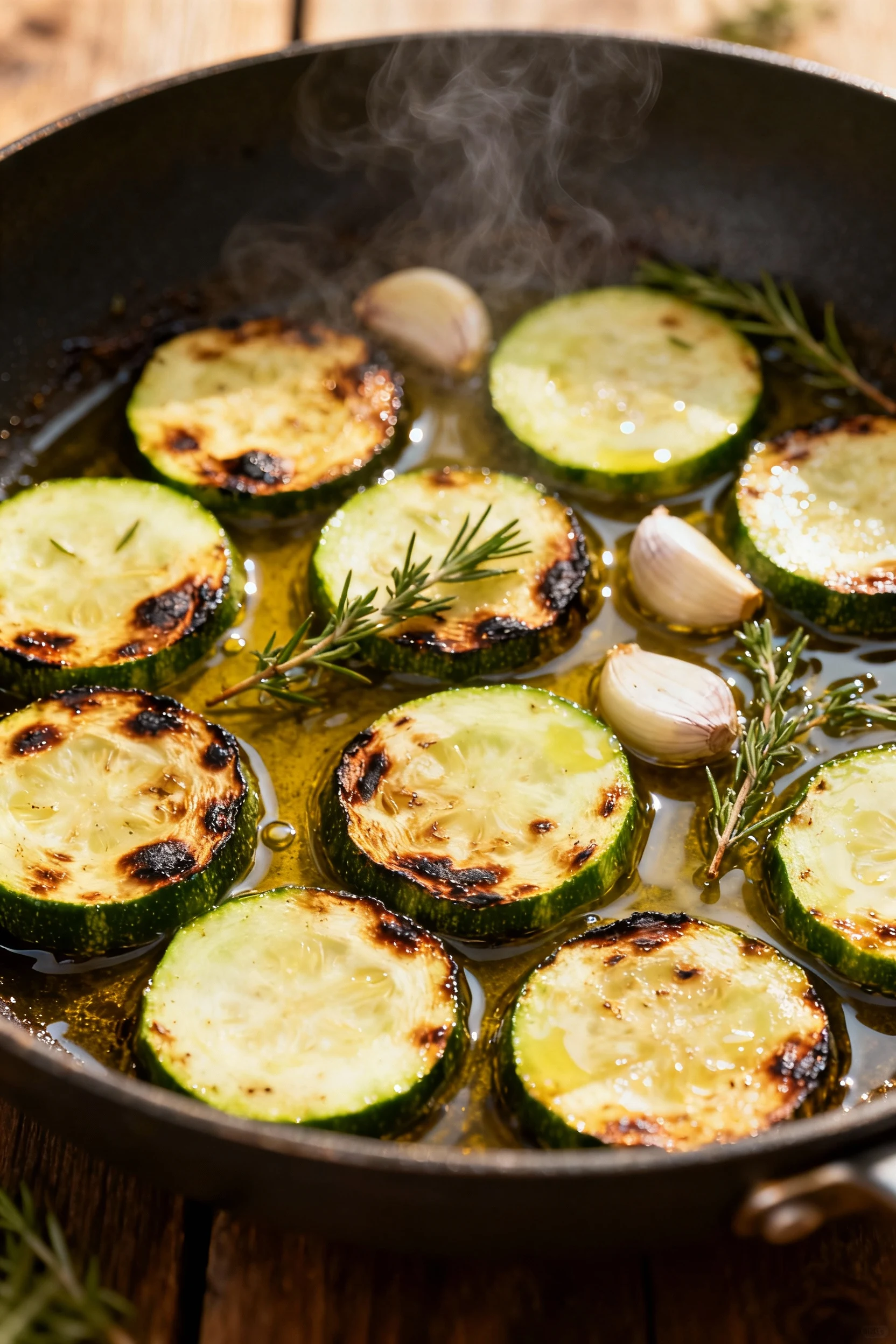 Cooking process image of zucchini slices in a single layer in a skillet, garlic and thyme sizzling alongside, natural li