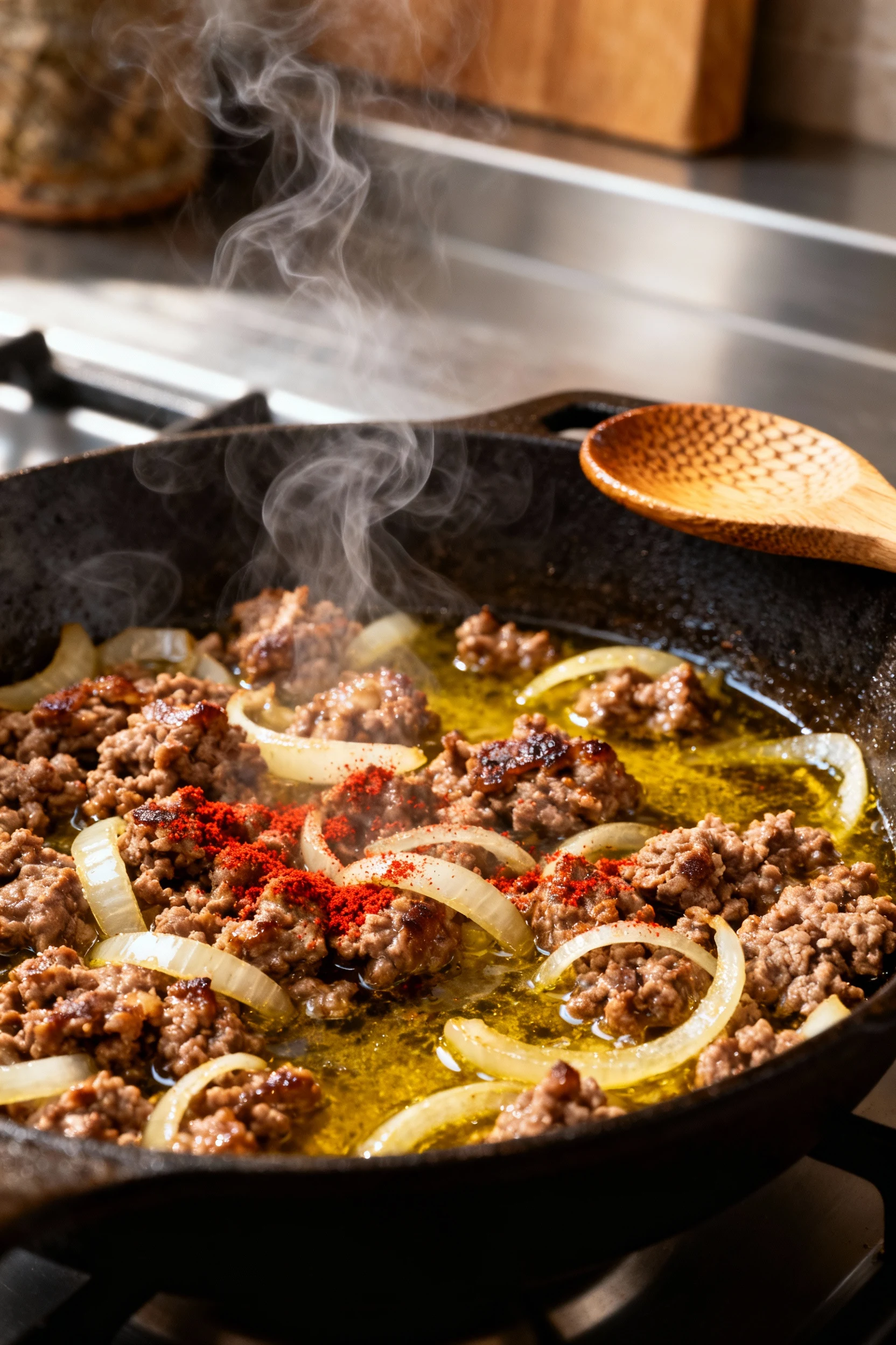 3. Step-by-step cooking scene showing sizzling ground beef and onions in olive oil, steam rising, paprika dusting just v