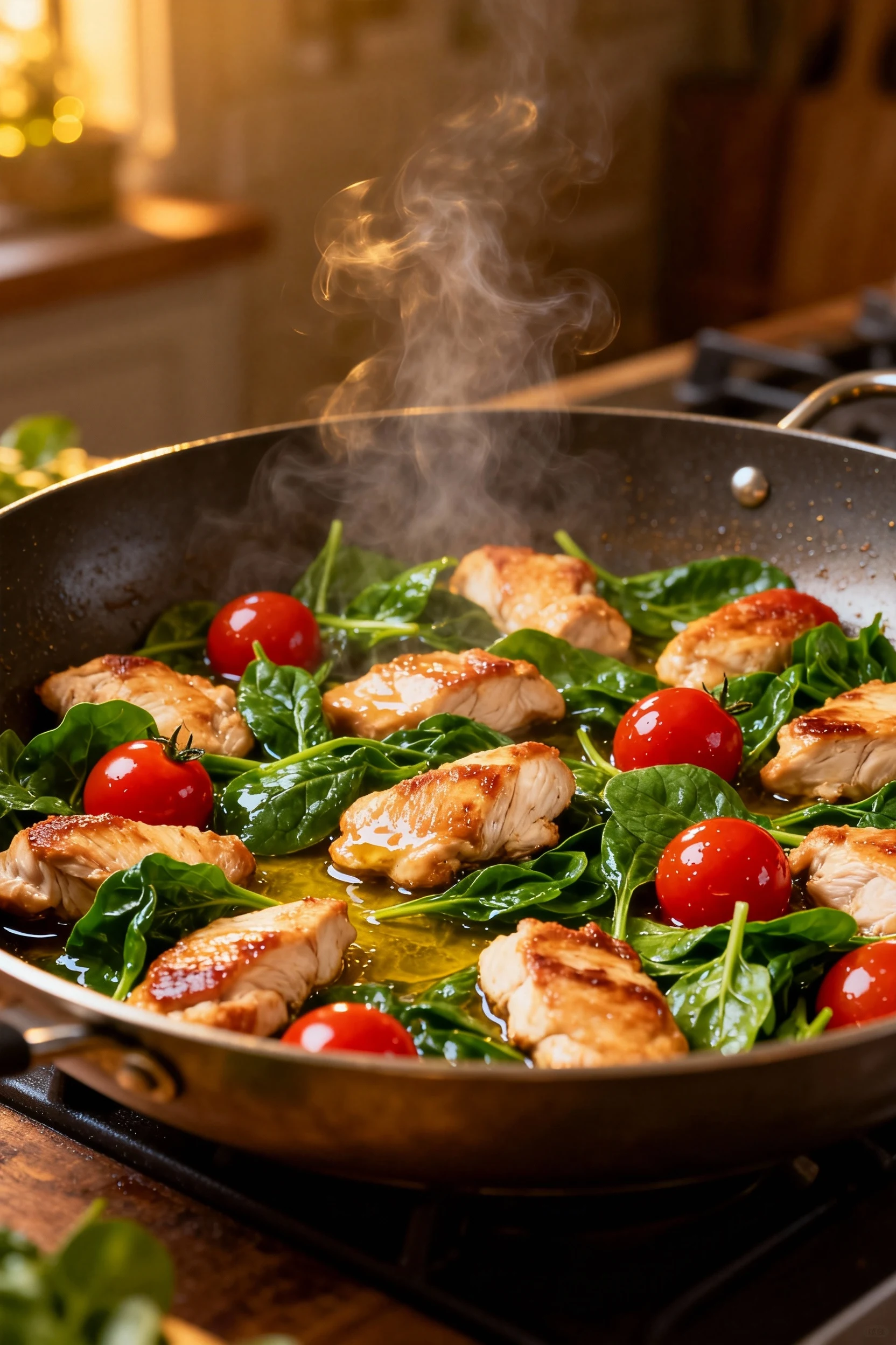 Mid-cooking process shot of tender chicken pieces being tossed with bright green spinach and glossy red tomatoes in a la