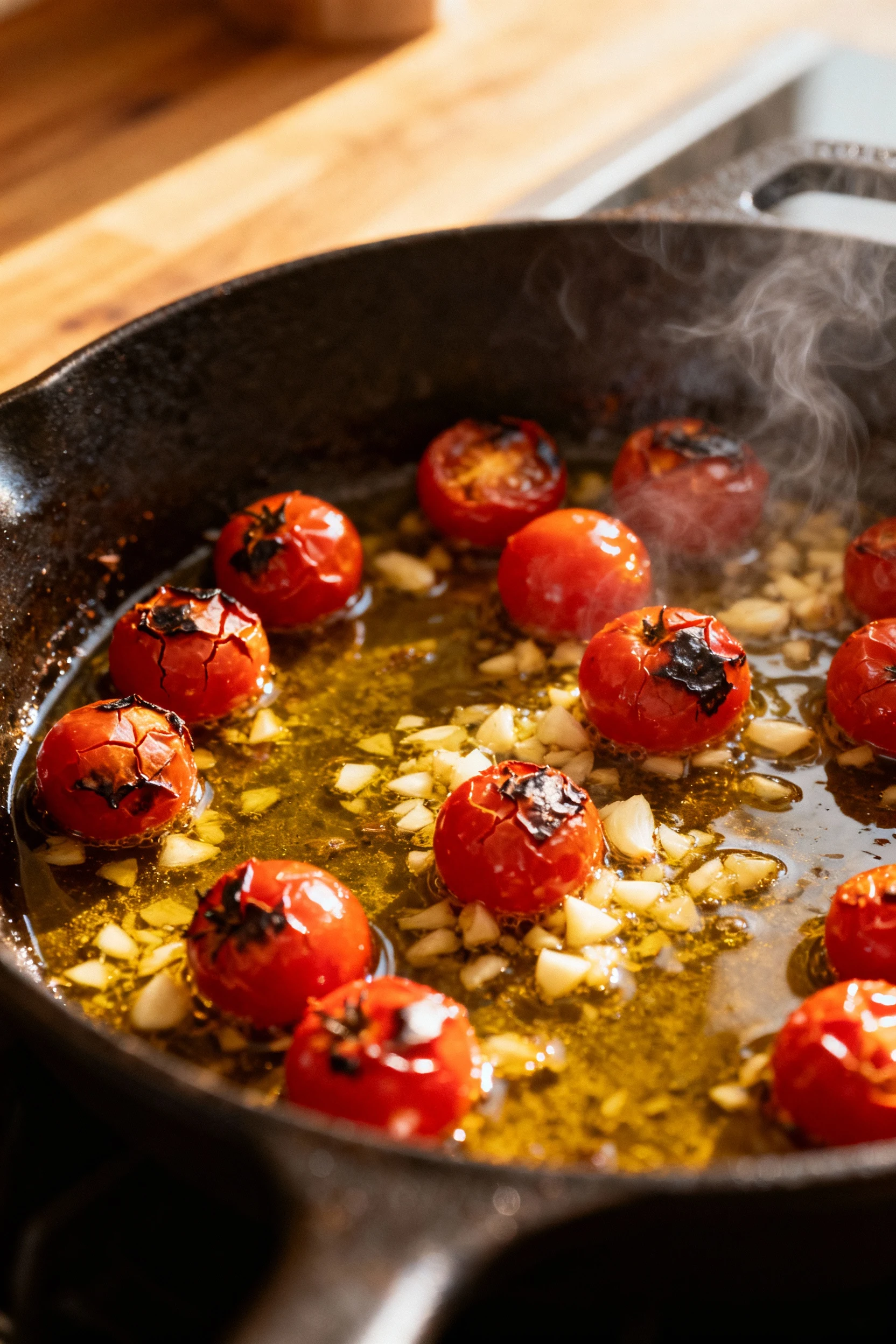 Cooking process shot of cherry tomatoes and minced garlic sizzling in olive oil inside a skillet, the tomatoes slightly 
