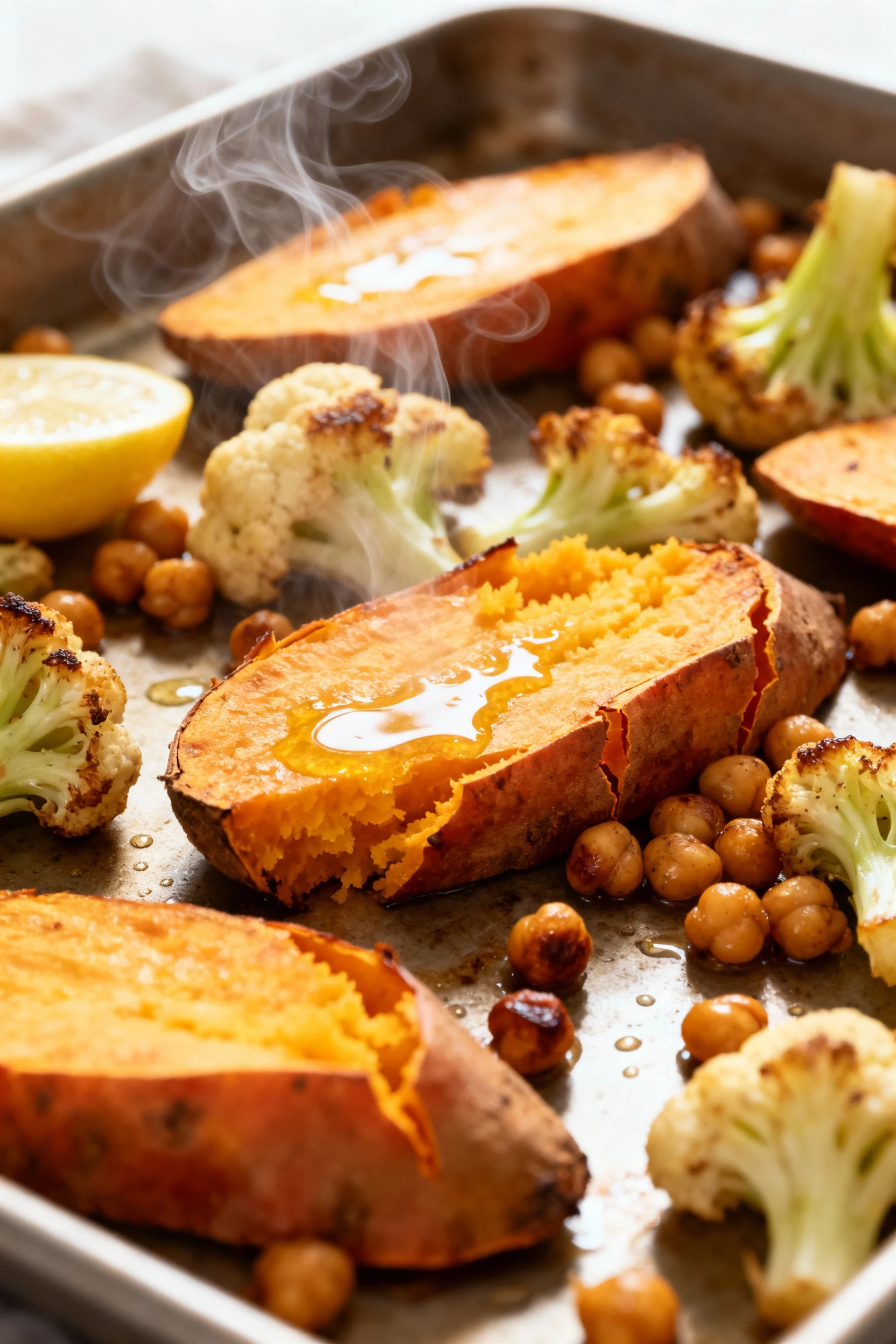 Mid-process shot of roasted sweet potato, cauliflower, and chickpeas on a baking tray, captured moments after lemon juic