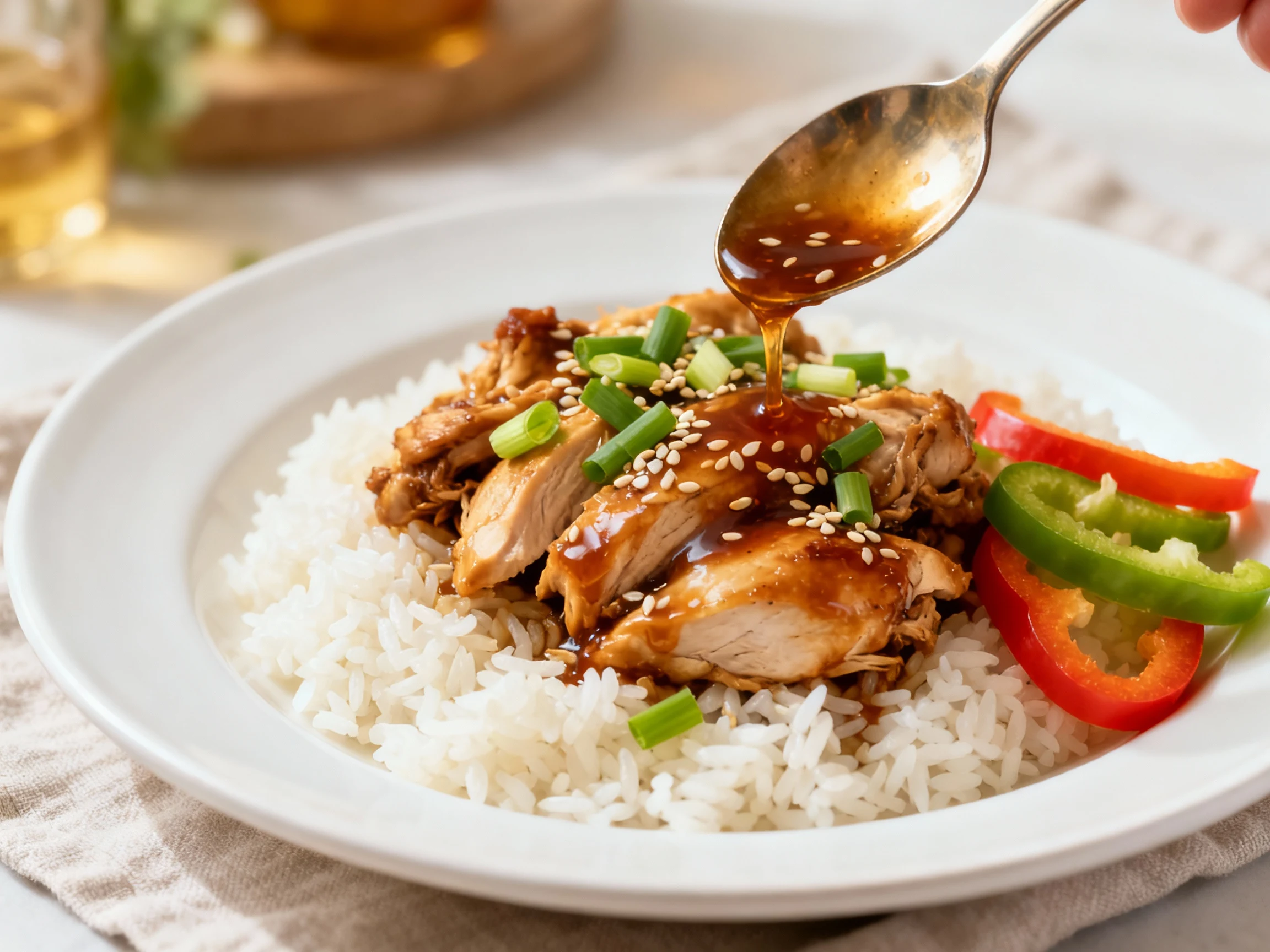 Food photography, Restaurant-quality hero plate: honey–soy slow-cooker chicken over fluffy jasmine rice, extra sauce spo