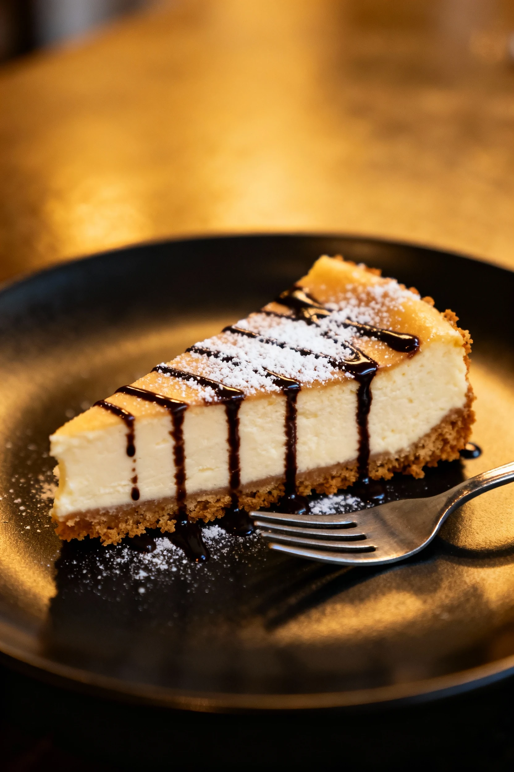Beautifully plated cheesecake slice with a drizzle of dark chocolate and light dusting of powdered sugar, layers visible