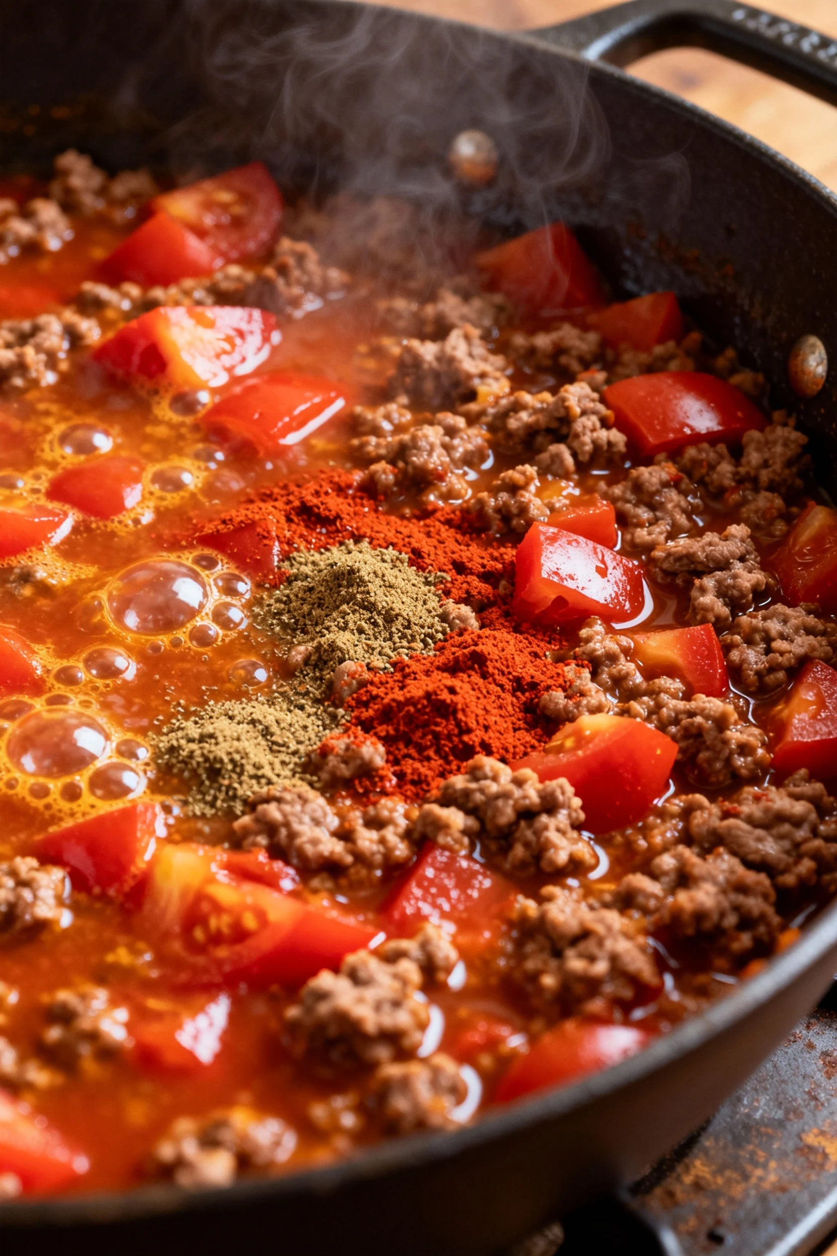 Mid-process shot of simmering ground beef mixture with diced tomatoes, paprika, and cumin in a deep pan, visible bubblin