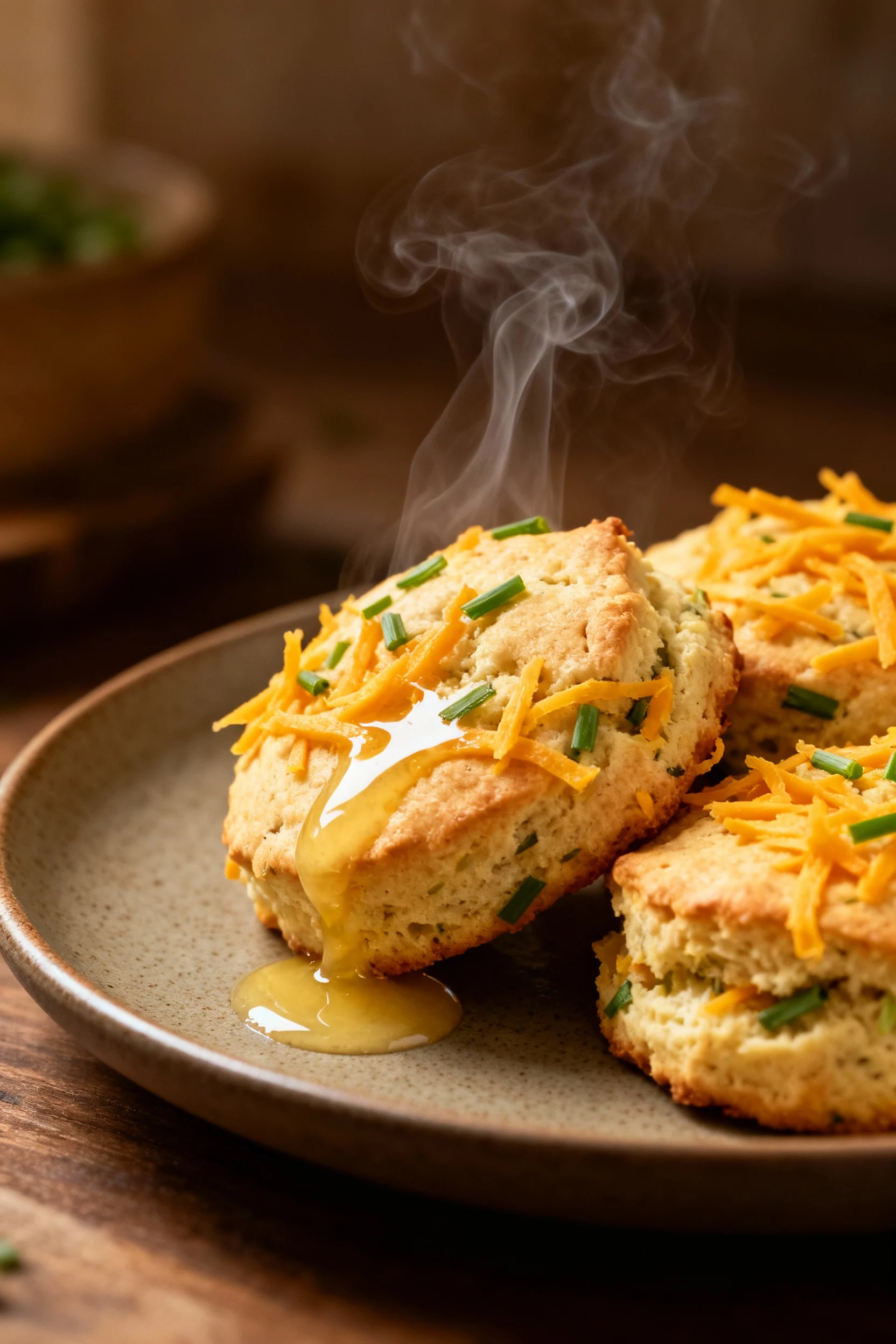 Beautifully plated savory sourdough discard biscuits infused with shredded cheddar and chives, served on a matte ceramic