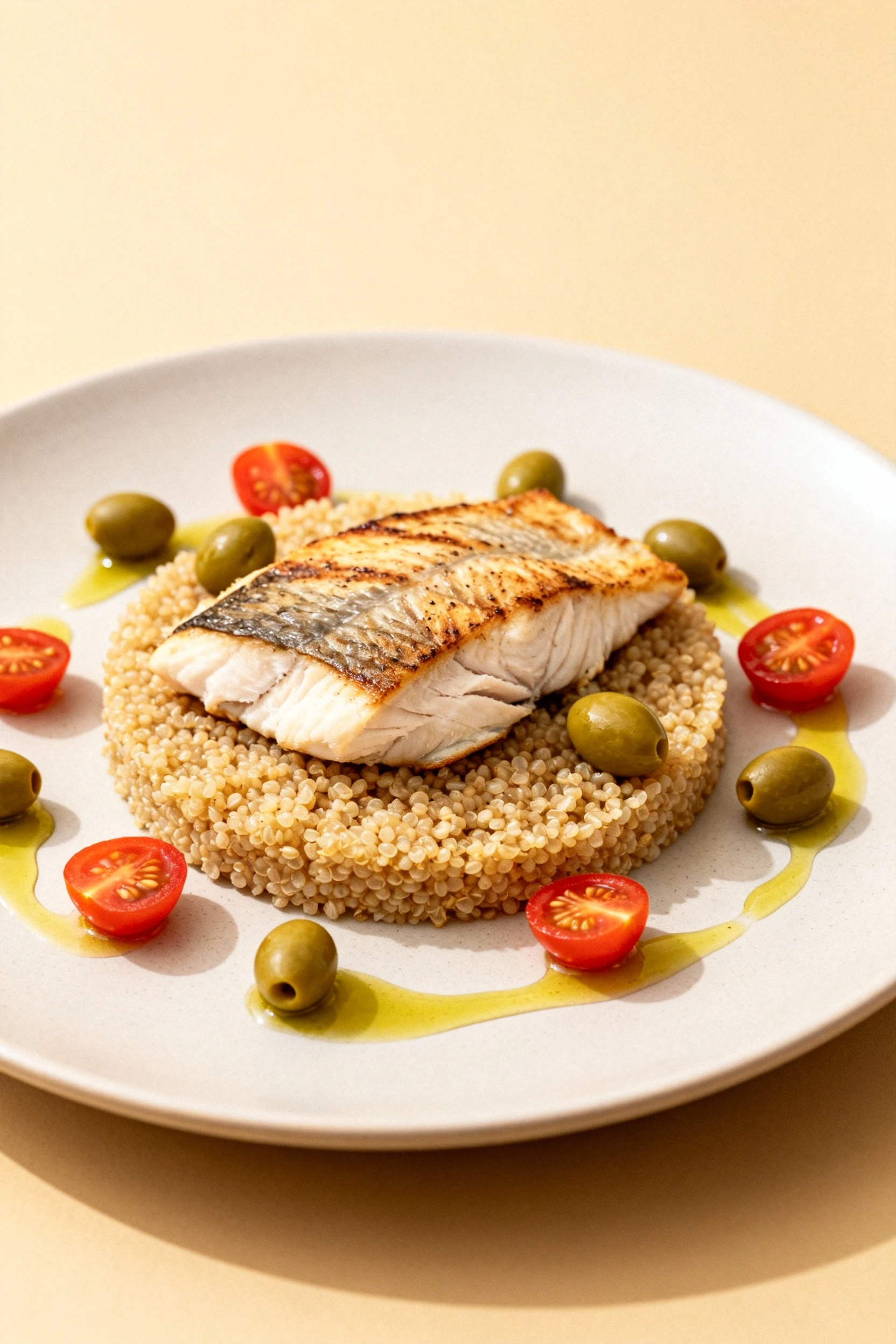 Beautifully plated quinoa base topped with flaky grilled fish, scattered with briny olives, halved cherry tomatoes, and 