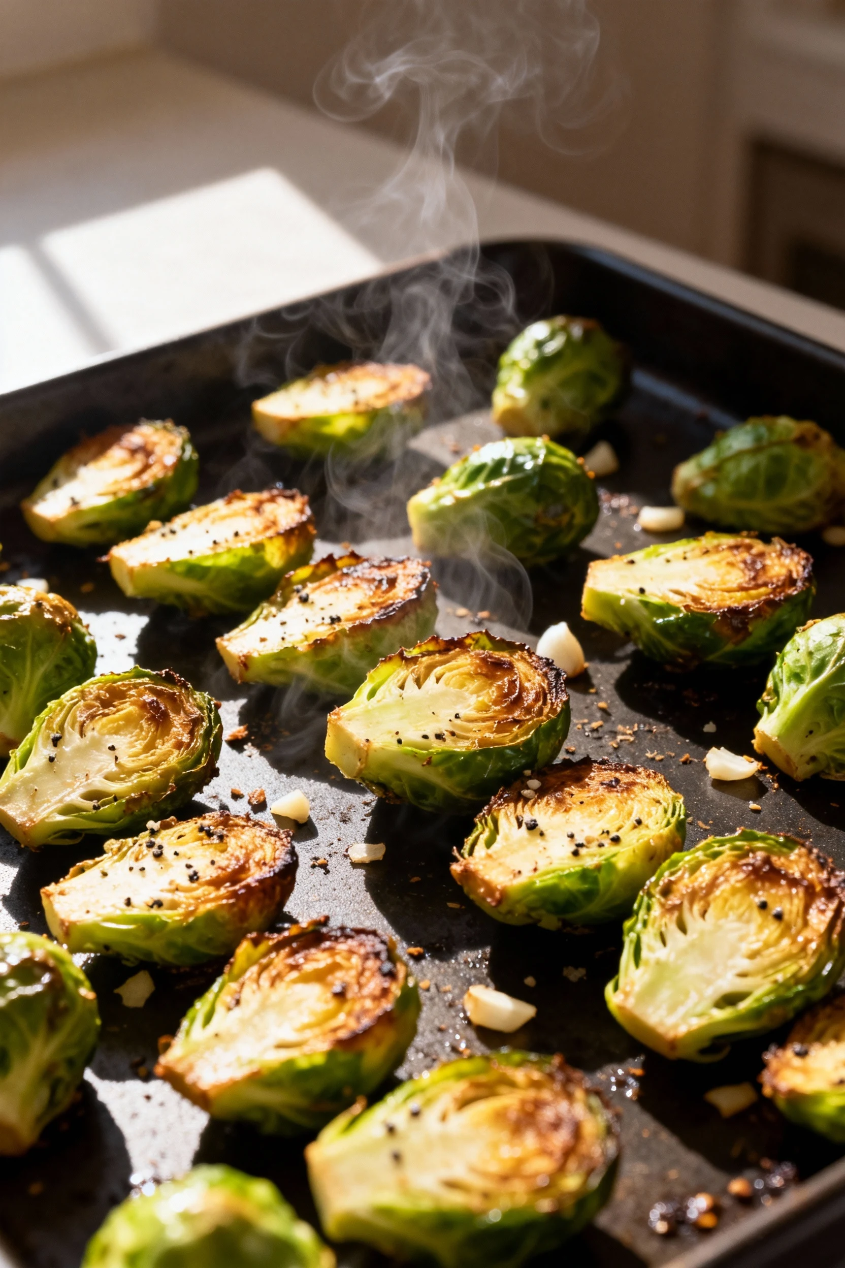 Mid-cooking process shot of brussel sprouts roasting in the oven on a dark baking sheet, each half evenly spaced with a 