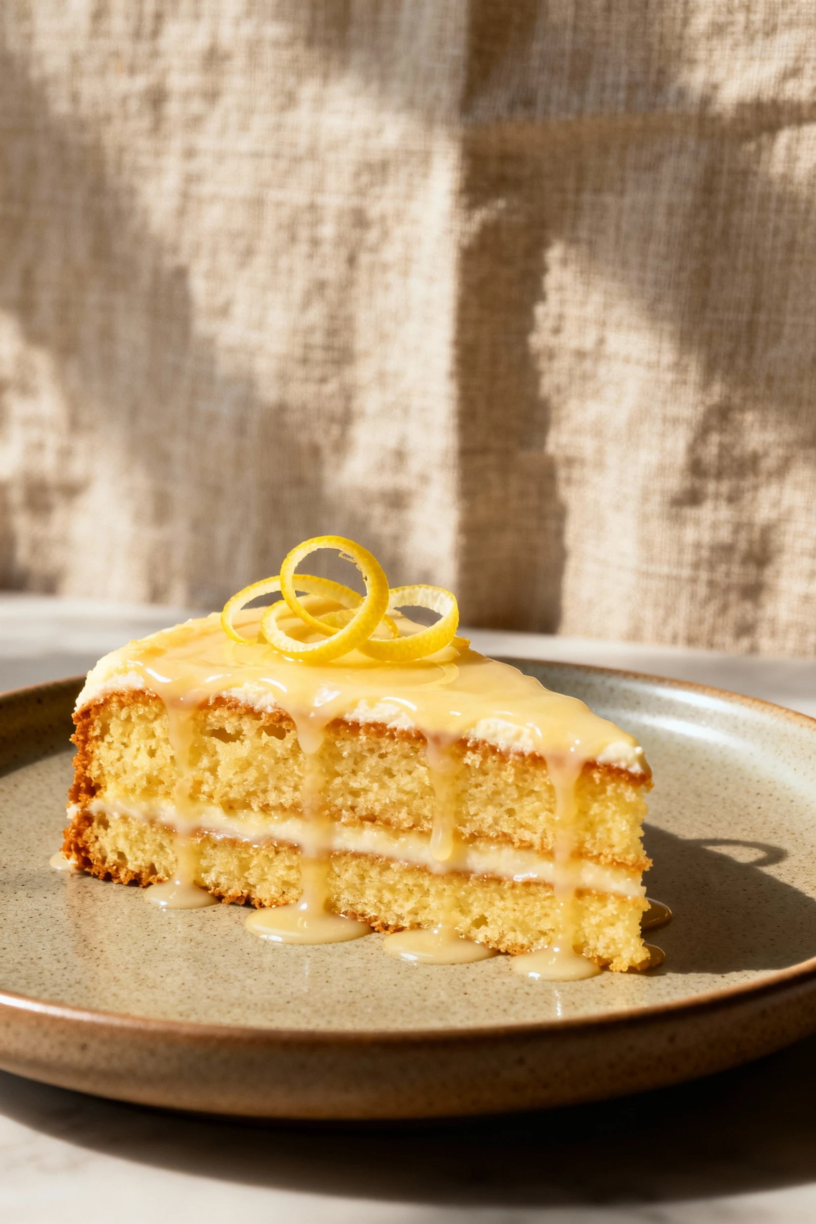 Beautifully plated citrus-infused cake variation topped with thin lemon zest curls, glossy drizzle of light glaze, resta
