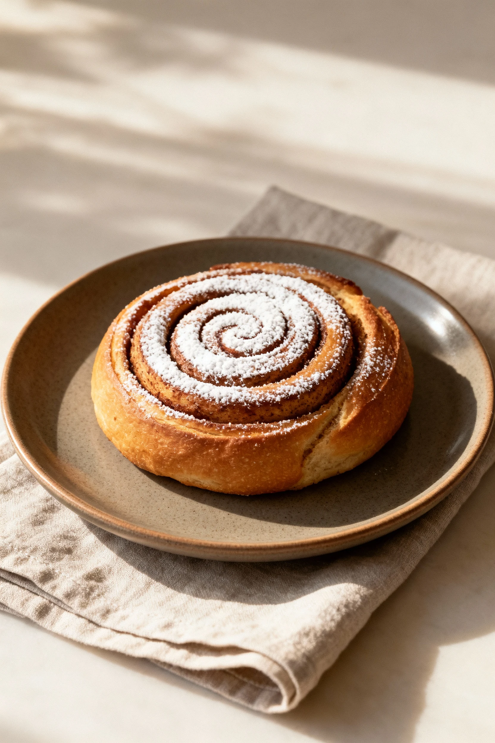 Beautifully plated cinnamon swirl bread with visible spirals dusted lightly with powdered sugar, served on a matte ceram