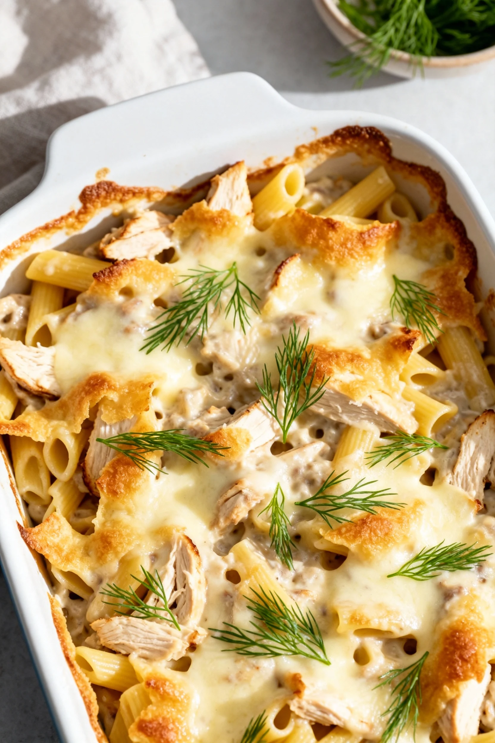Overhead shot of creamy rotisserie chicken pasta topped with melted mozzarella and fresh dill garnish, golden baked edge
