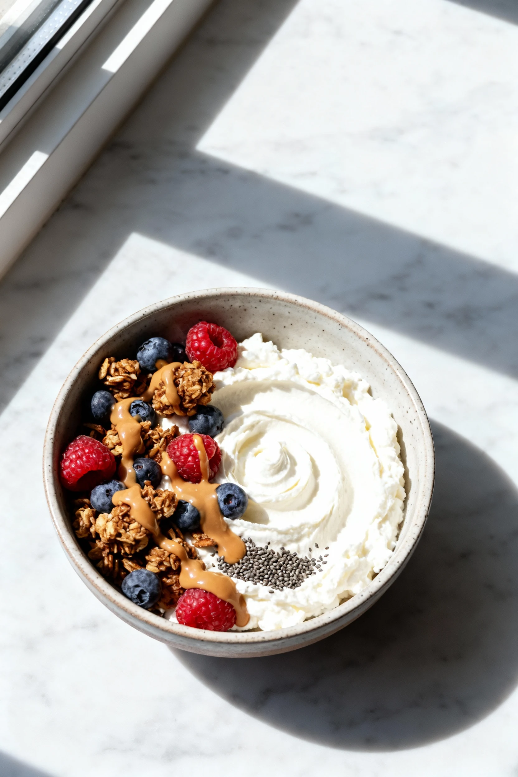 Overhead shot of whipped cottage cheese breakfast bowl, ultra-smooth base swirled in a ceramic bowl, topped with mixed b
