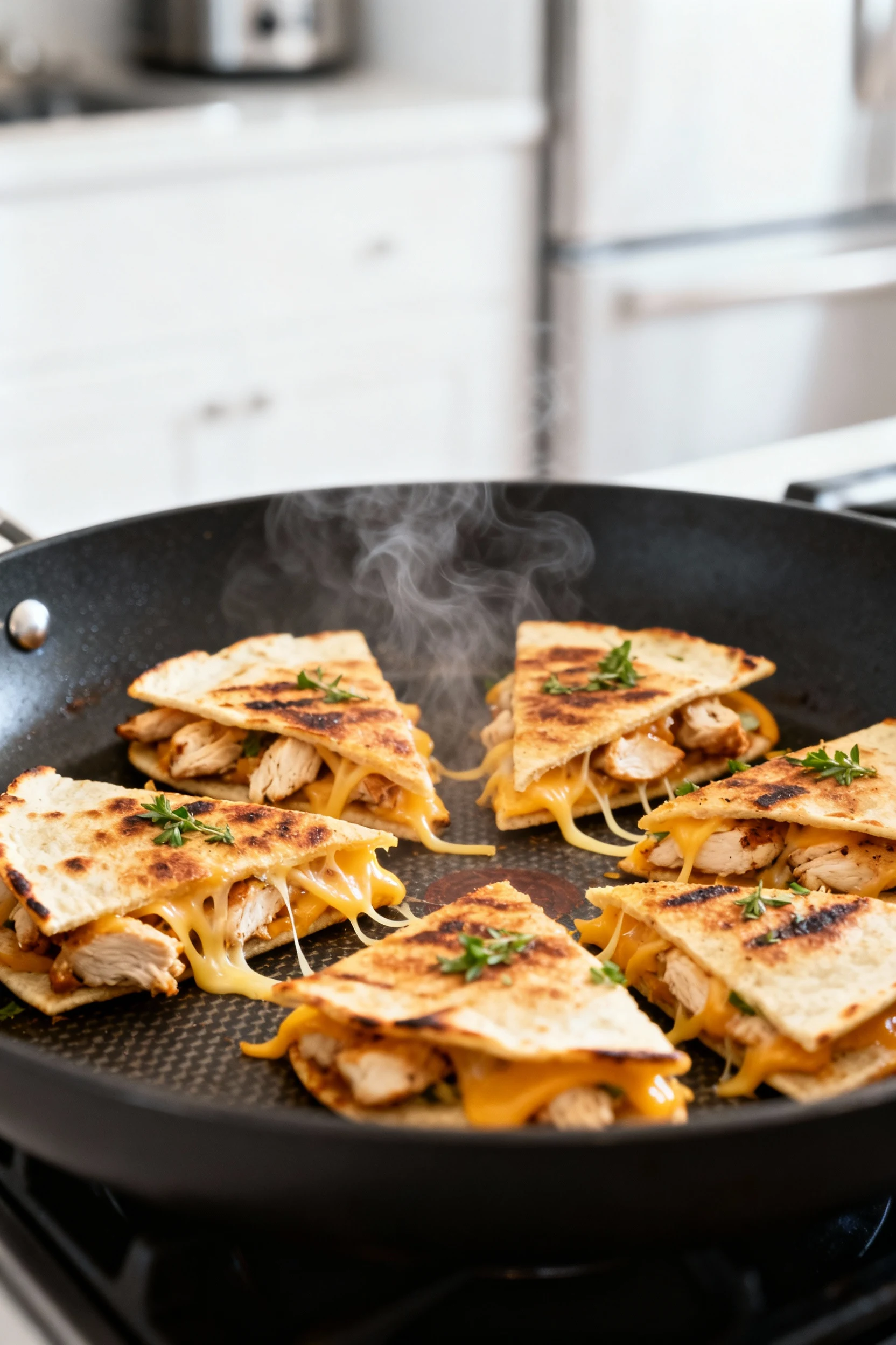 Grilled chicken mini quesadilla sizzling in a skillet, cheese melting and edges crisping to golden brown, detailed view 