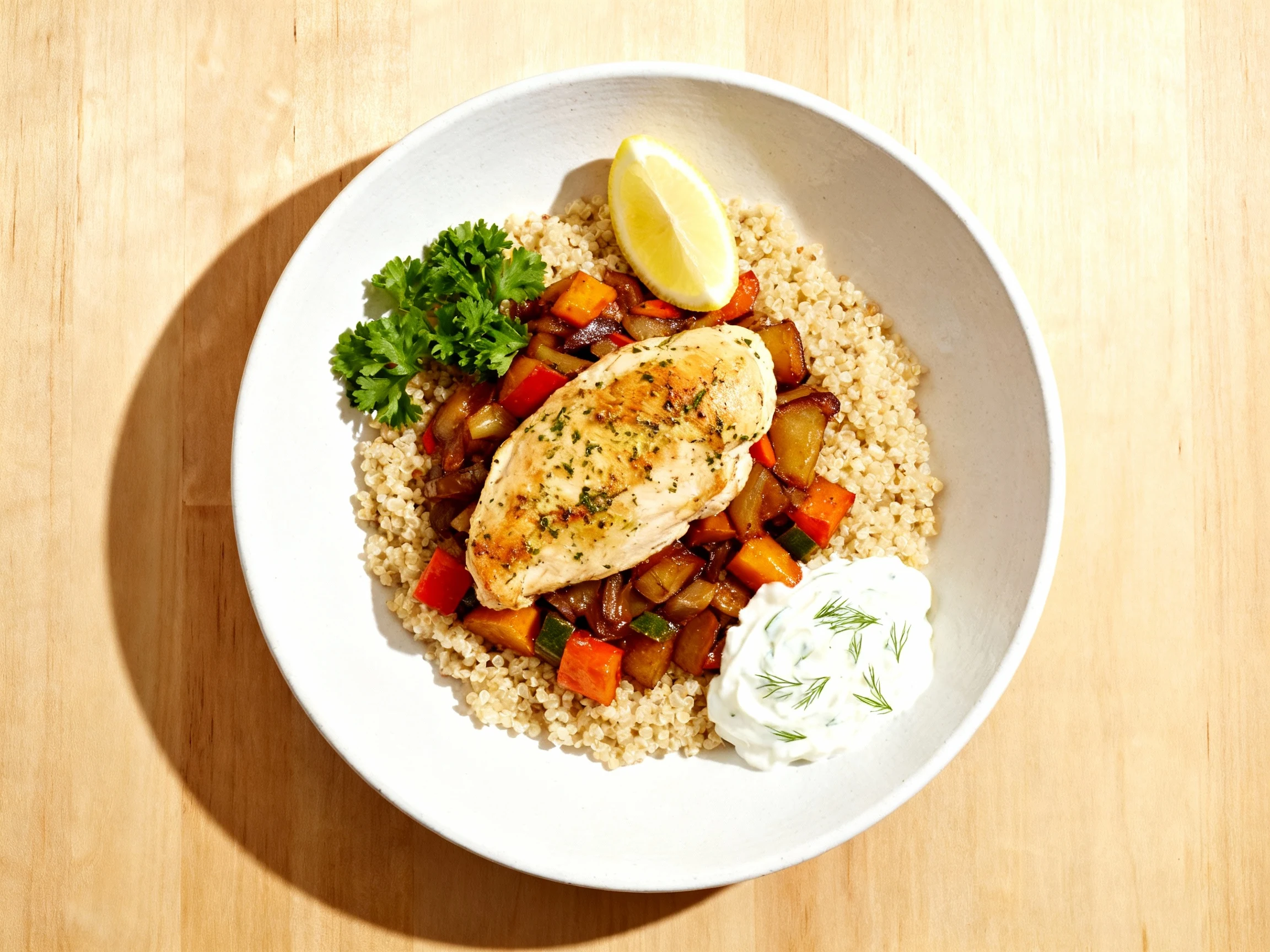 Food photography, Overhead final plate: lemon herb chicken and caramelized veggies over fluffy quinoa; parsley garnish, 