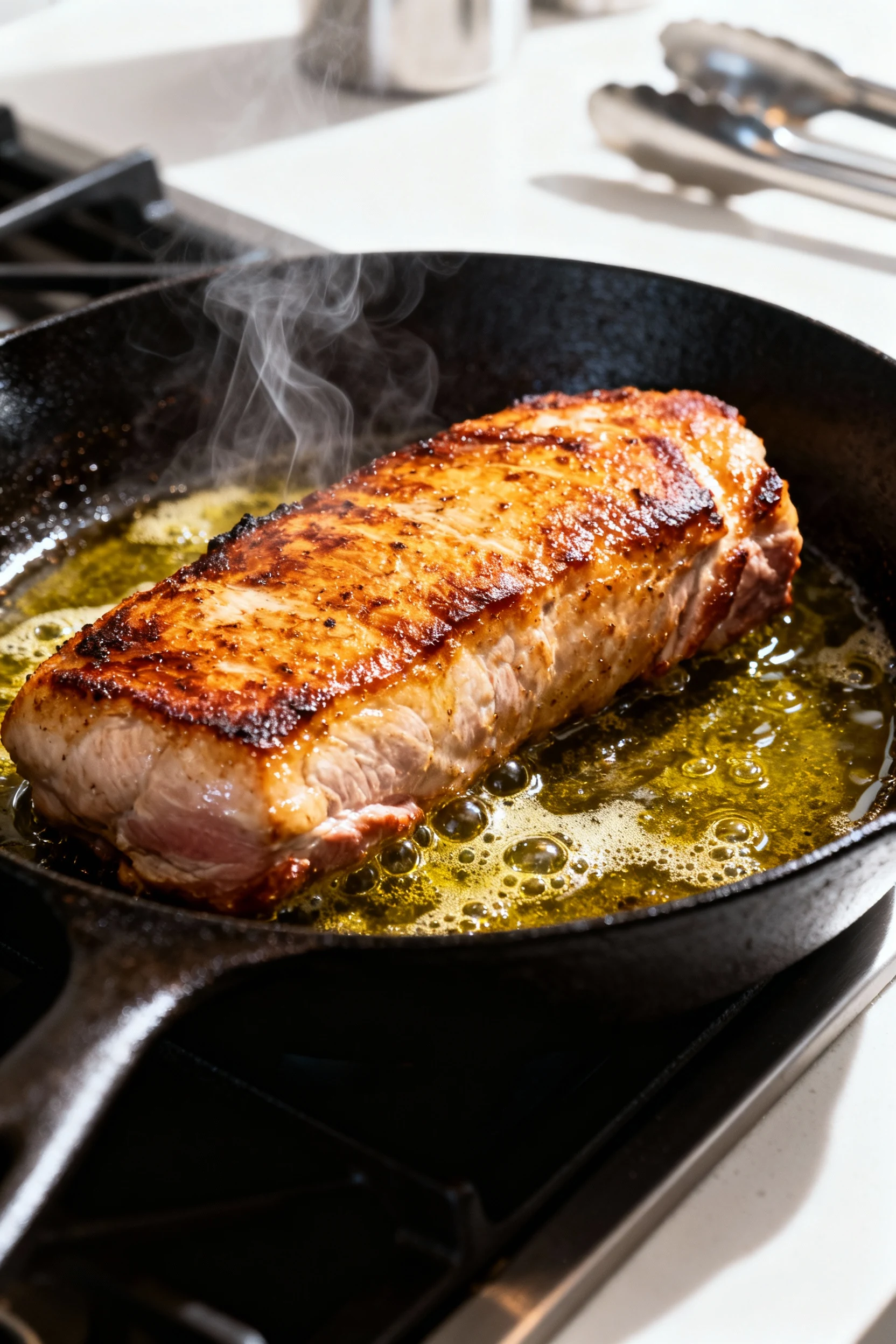 Cooking process shot of pork tenderloin in a black cast-iron skillet, mid-sear with sizzling olive oil, rich brown crust