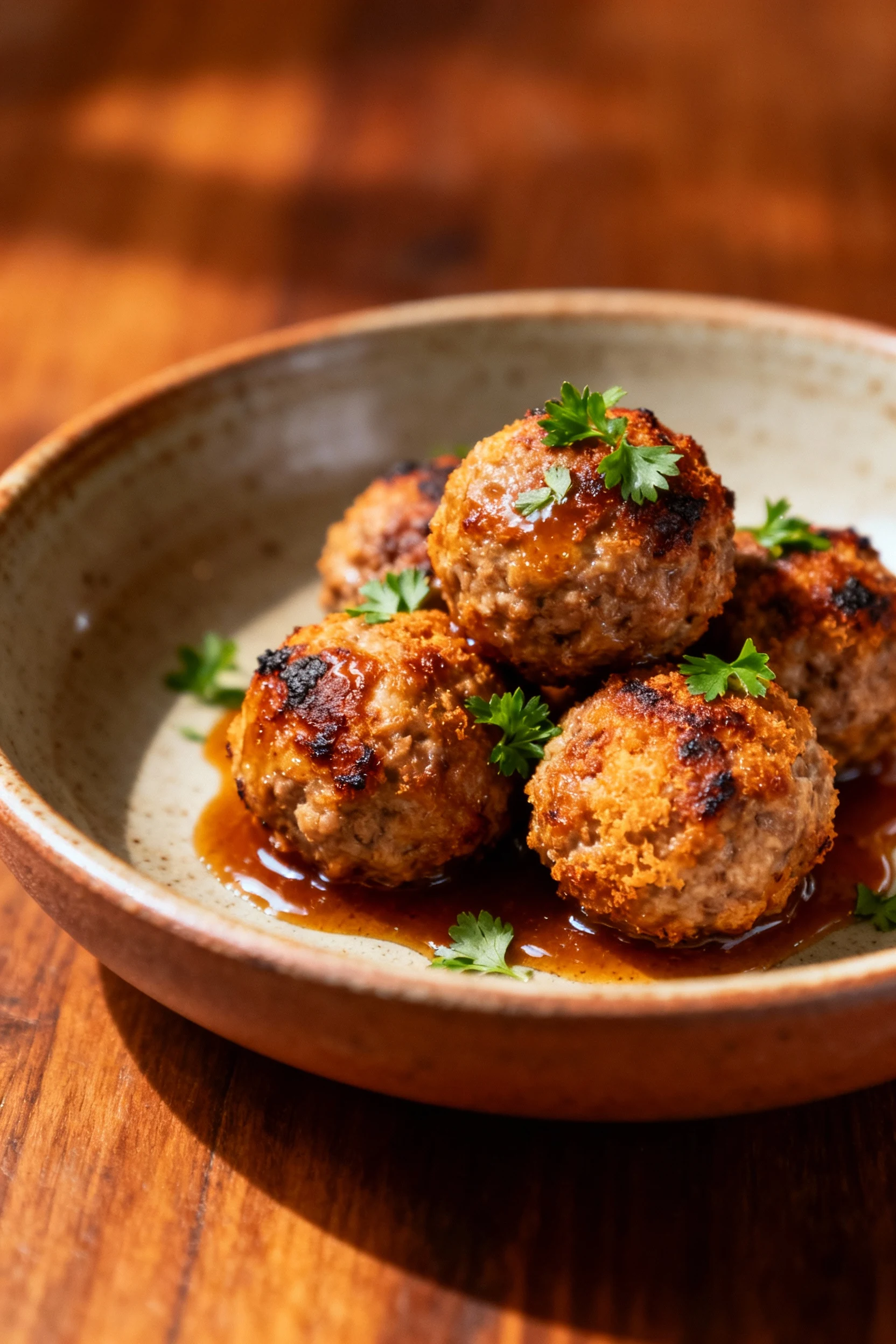 Beautifully plated golf ball-sized meatballs on a rustic ceramic dish, drizzled with extra sauce and topped with fresh p